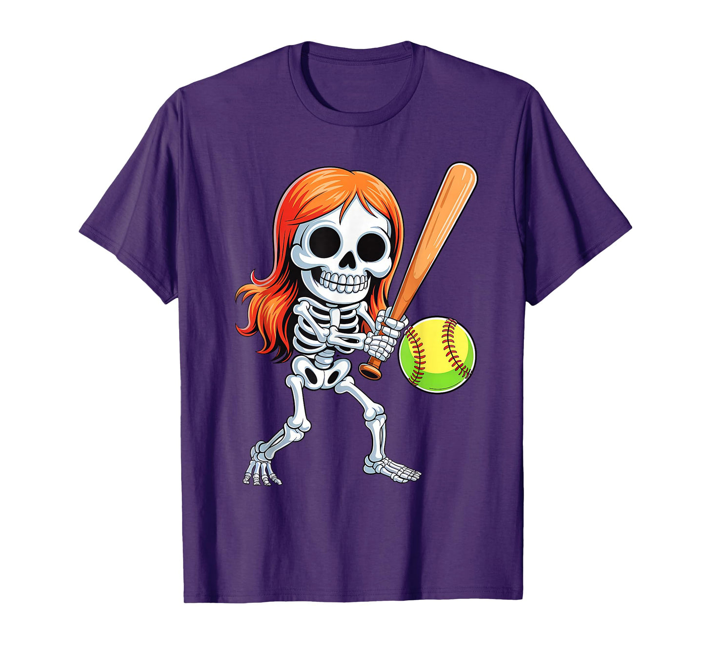 Skeleton Playing Softball Halloween Costume Funny Girls Kids T-Shirt