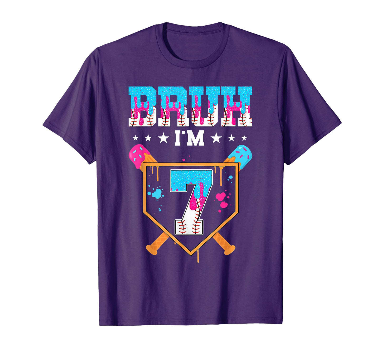 Bruh 7th Birthday Boy Baseball Ice Cream Drip 7 Year Old Boy T-Shirt