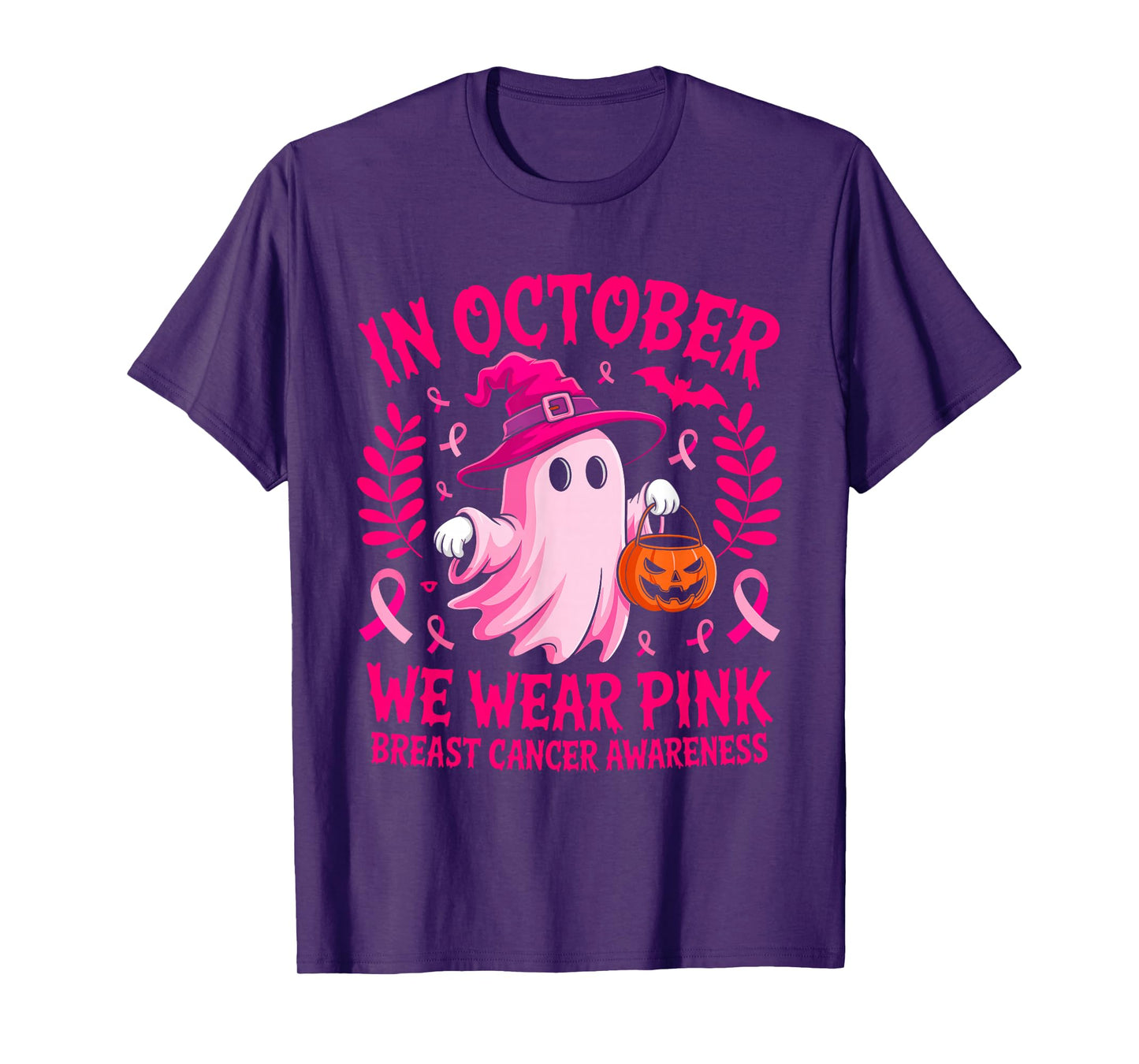 in October We Wear Pink Ghost Halloween Awareness for Women T-Shirt