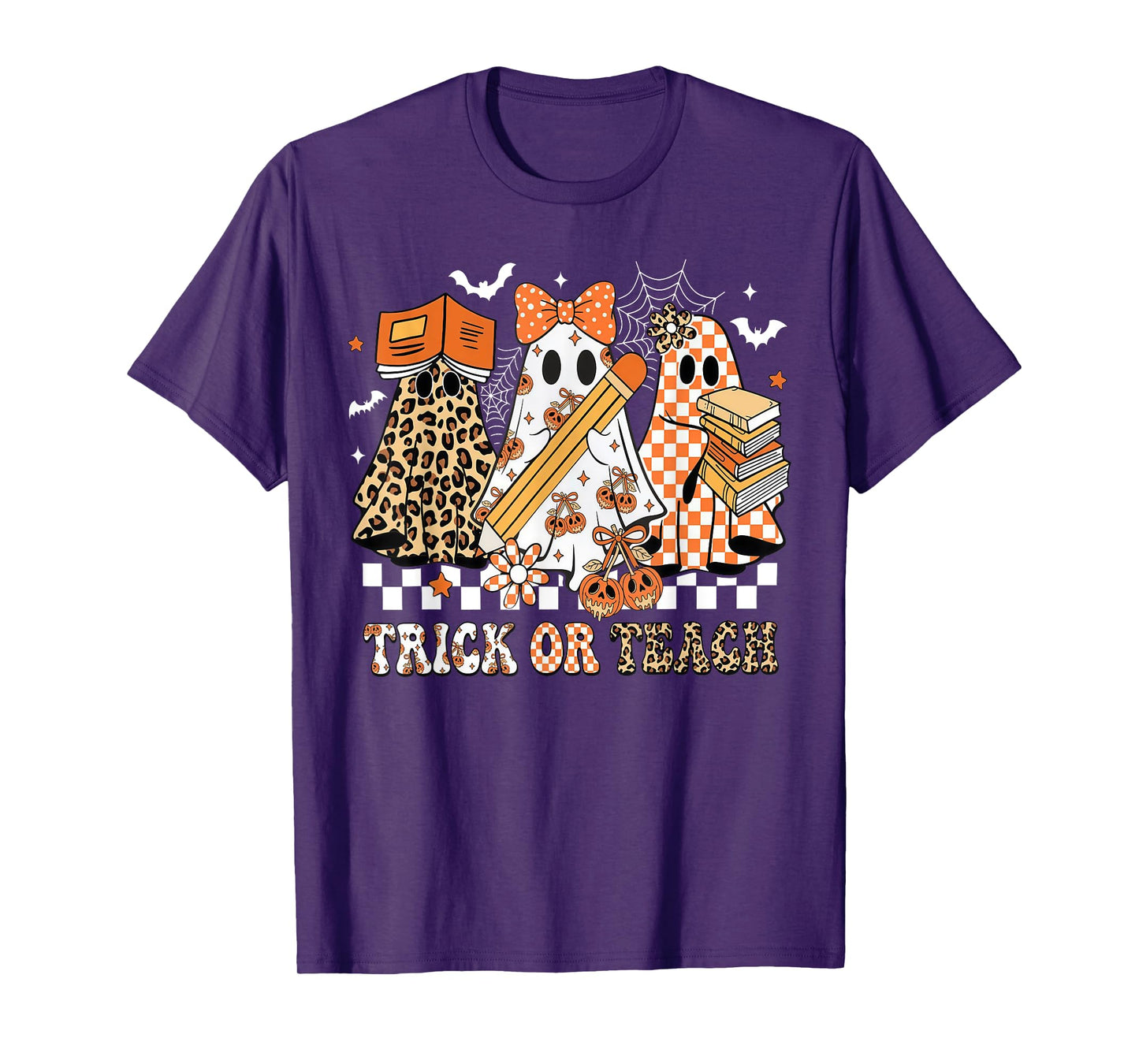 Trick Or Teach Groovy Teacher Halloween Floral Ghost T-Shirt