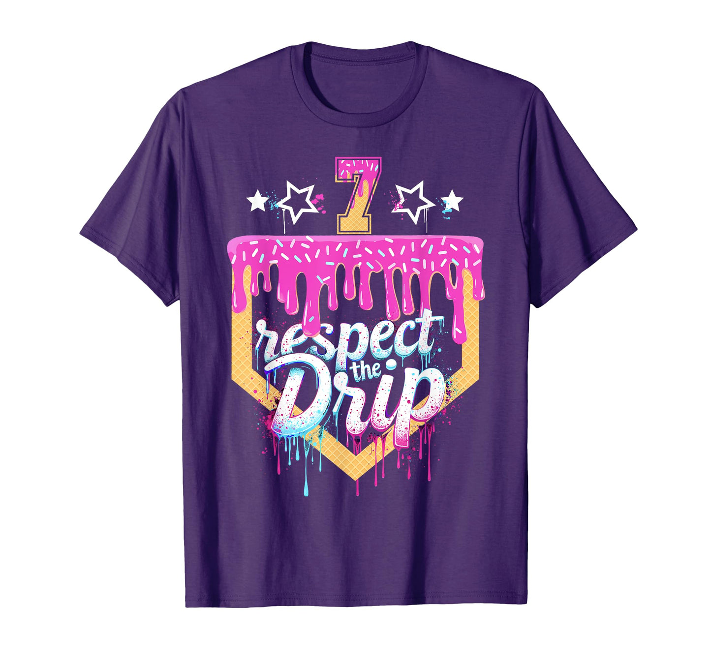 Baseball 7 Year Old Birthday Ice Cream Drip 7th Birthday T-Shirt