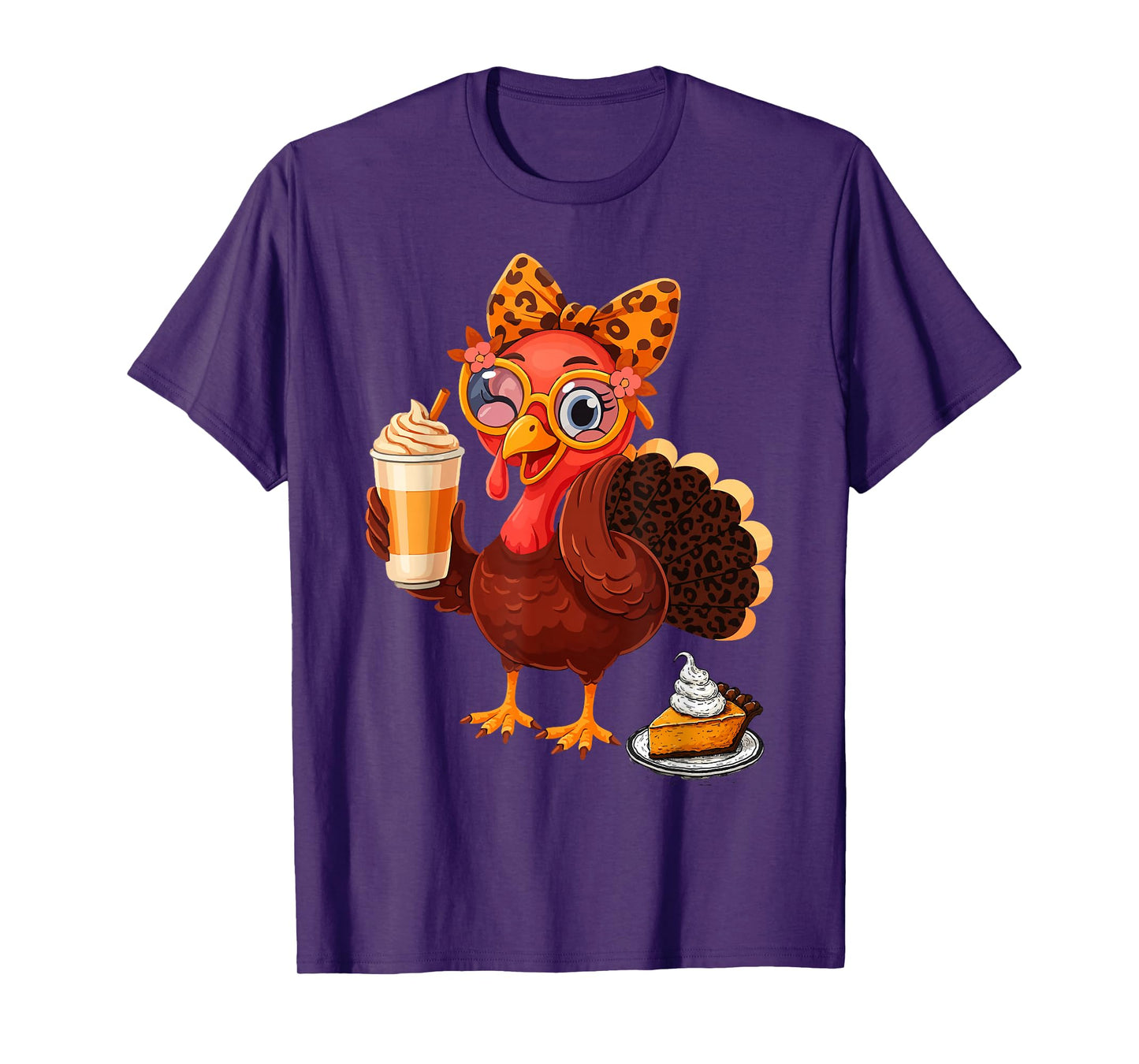 Thanksgiving Women Fall Turkey Drinking Coffee Leopard T-Shirt