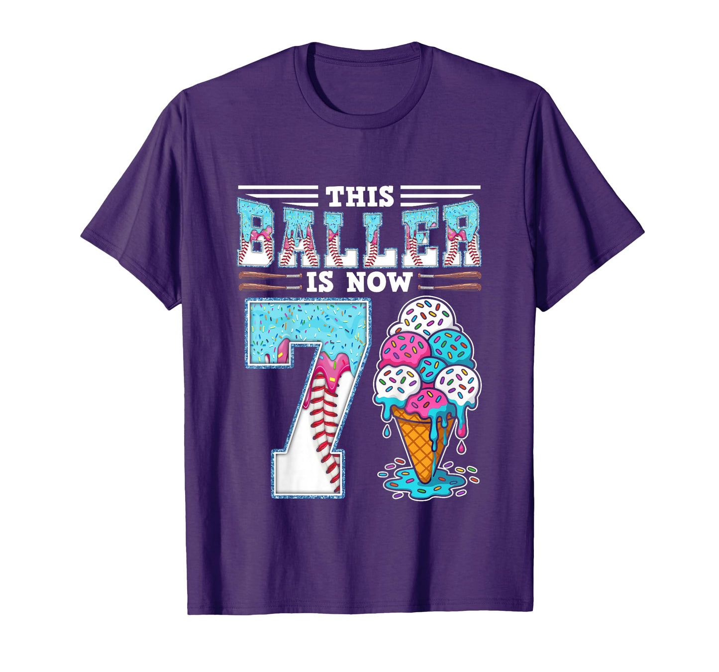 Kids Baller Is Now 7 Year Ice Cream Drip 7th Birthday Baseball T-Shirt