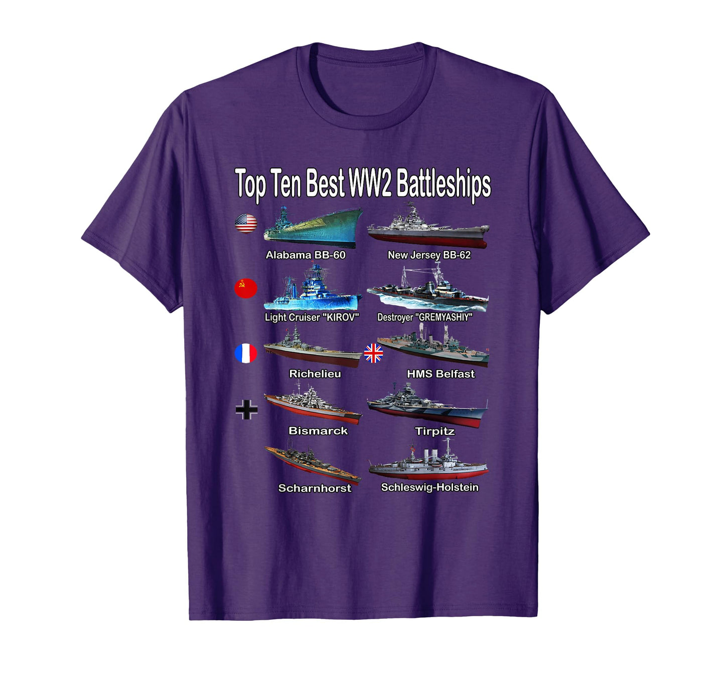 Top Ten Best WW2 Battleships Warships for Kids Adults T-Shirt