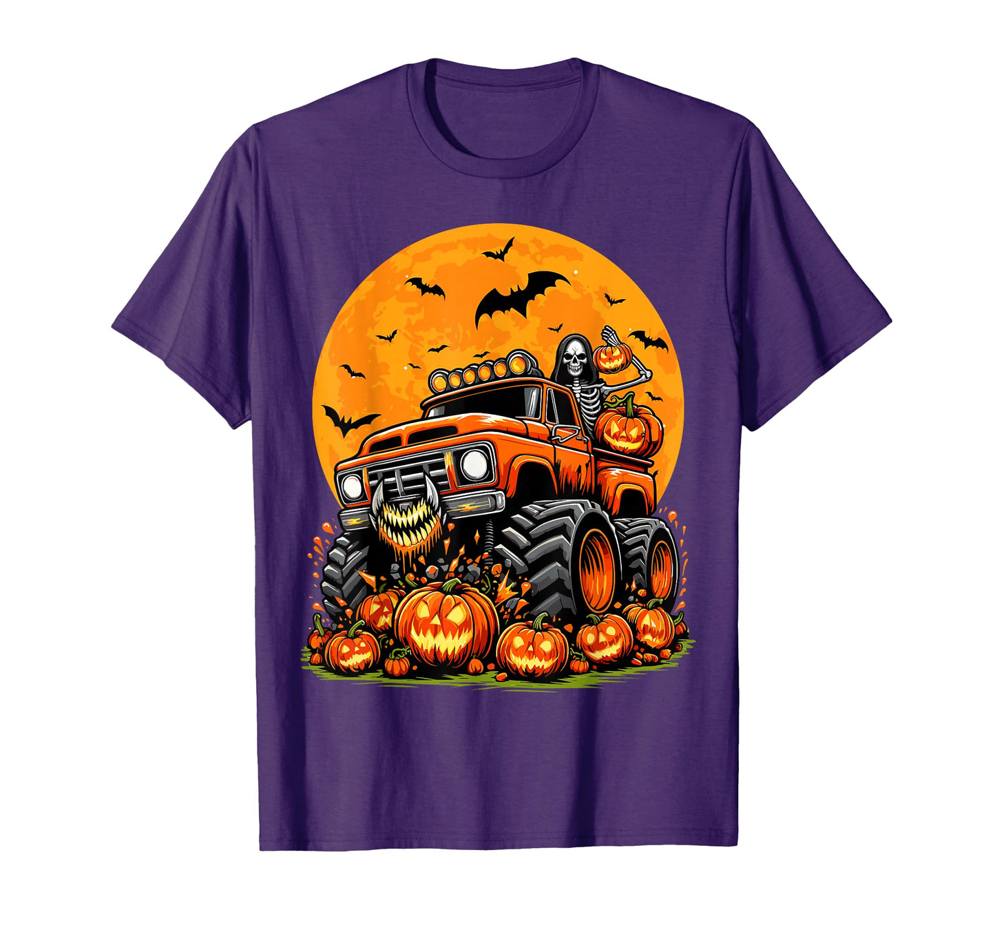 Kids Halloween Monster Truck Skeleton Pumpkin Boys Halloween T-Shirt