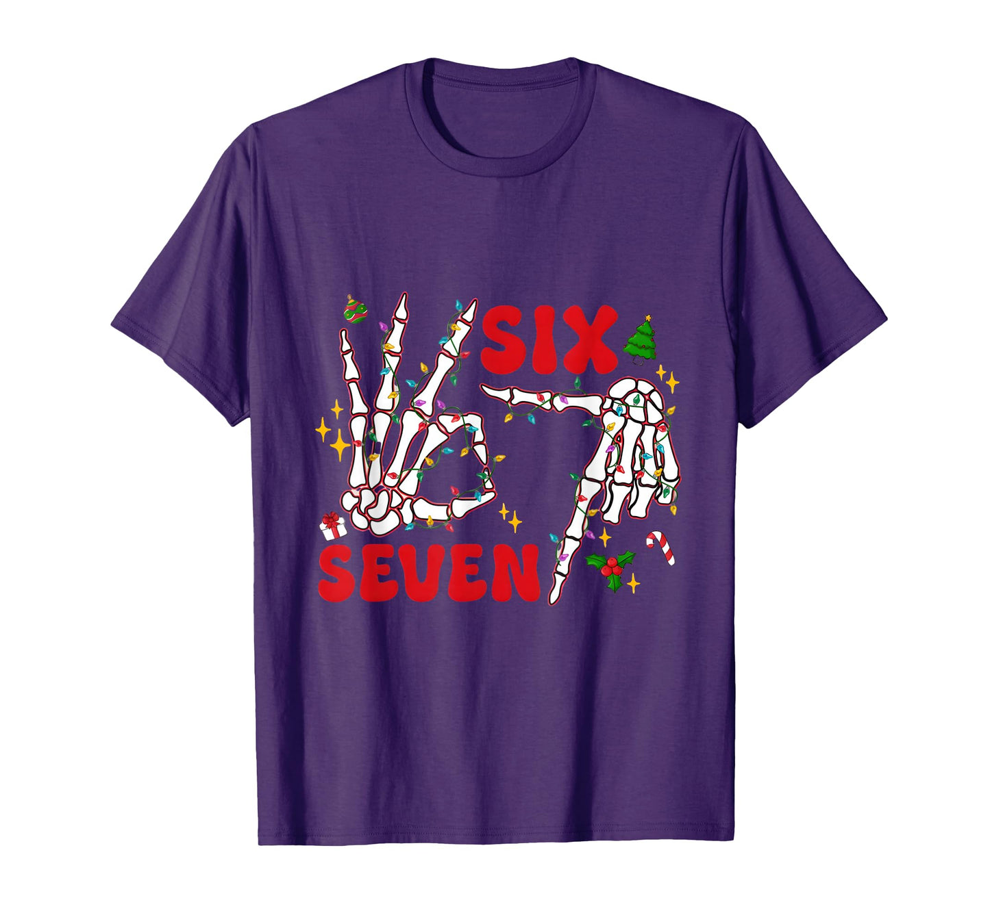 Funny Xmas 67 Skeleton Hand Six Seven Christmas Lights Shirt T-Shirt