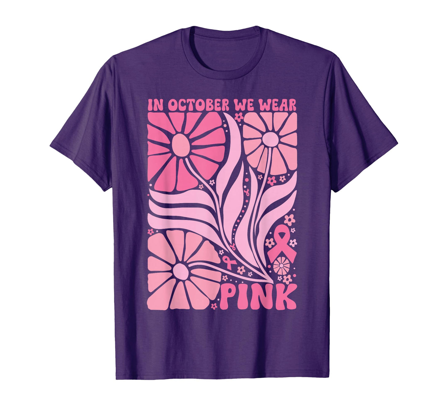 in October We Wear Pink Breast Cancer Awareness Boho Flowers T-Shirt