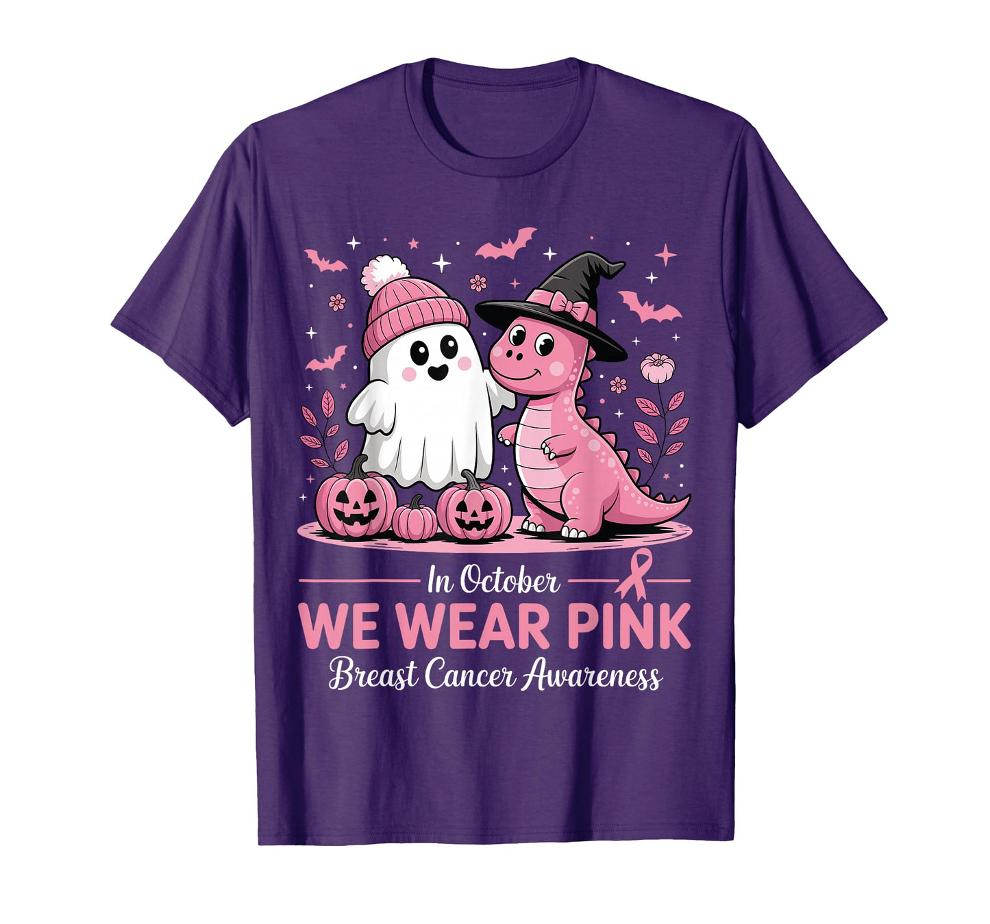 in October We Wear Pink Ghost Witch Dinosaur Breast Cancer T-Shirt