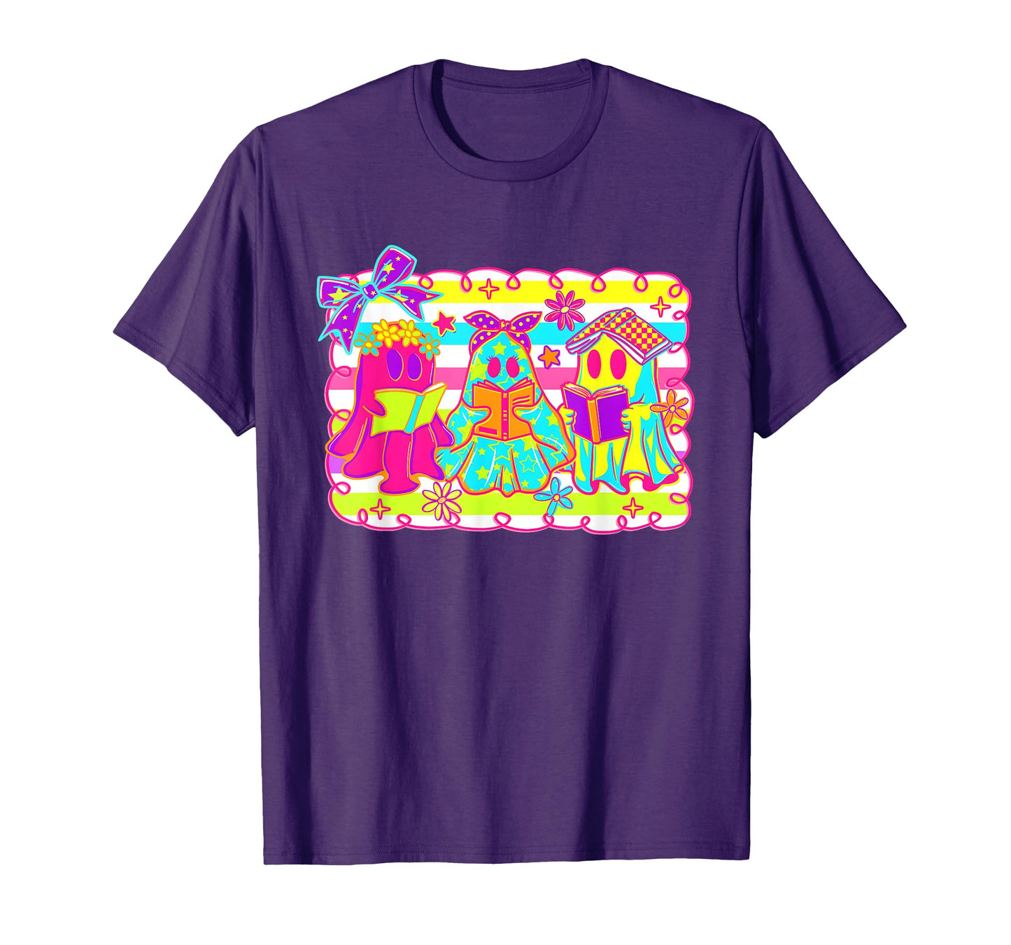Neon Halloween Ghost Books Coquette Bookish Ghost Reading T-Shirt