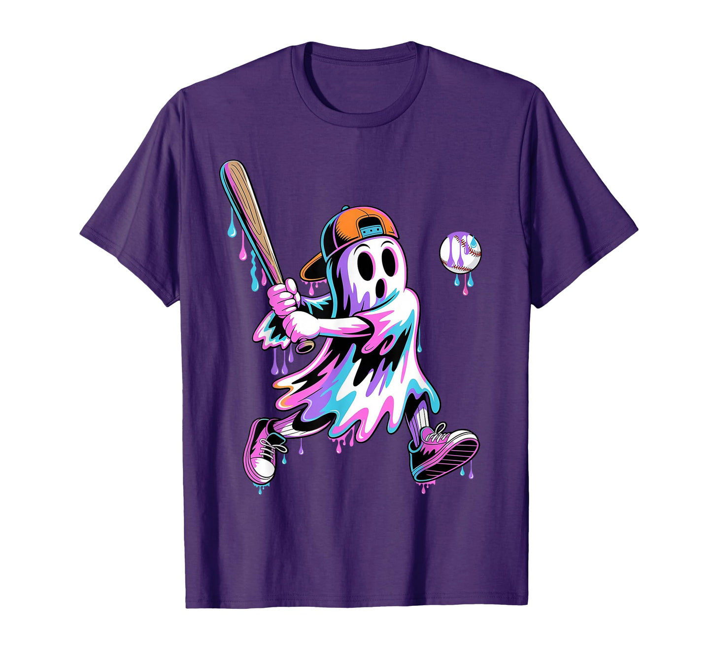 Halloween Ghost Baseball Drip Boys Kids Ice Cream Dripping T-Shirt