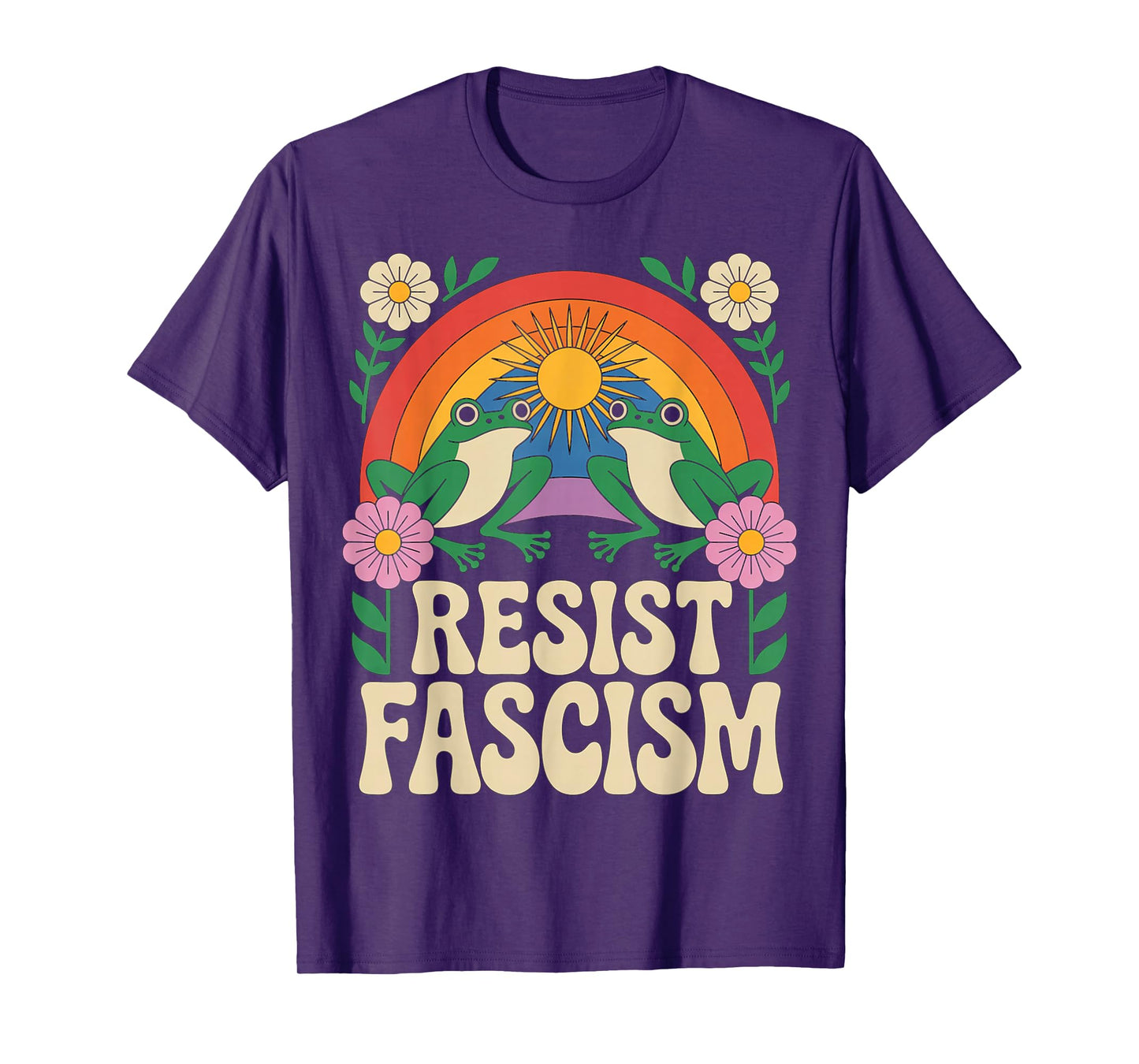 Frog Resist Fascism Retro Groovy Rainbow No Kings Hippie T-Shirt