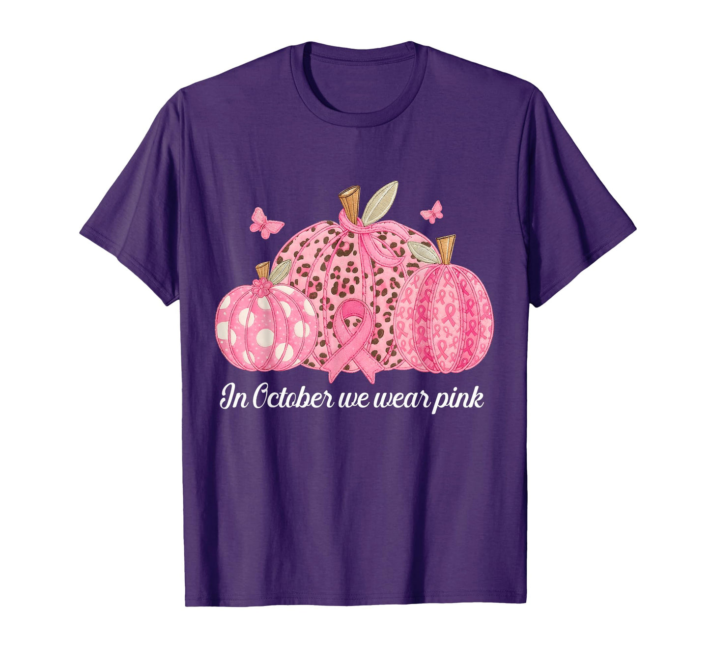 in October We Wear Pink Pumpkins Patchwork Breast Cancer T-Shirt