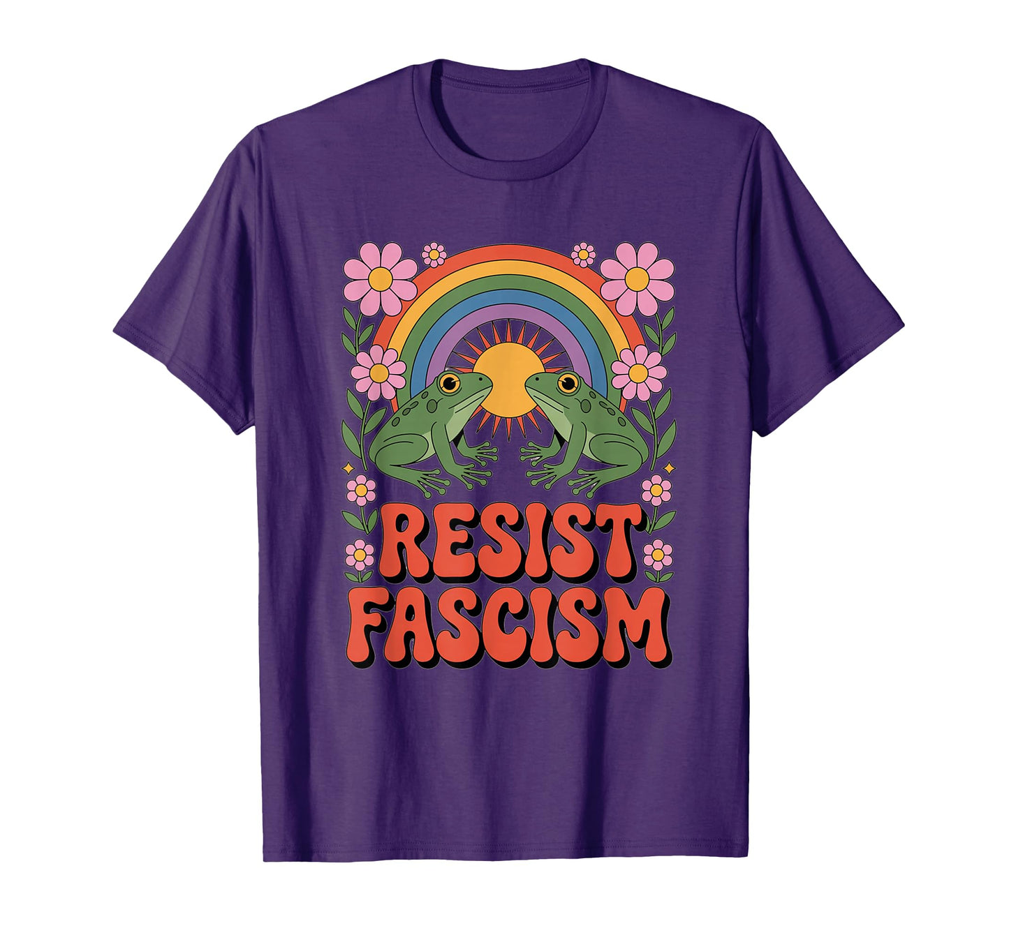 Frog Resist Fascism Retro Groovy Rainbow No Kings Hippie T-Shirt