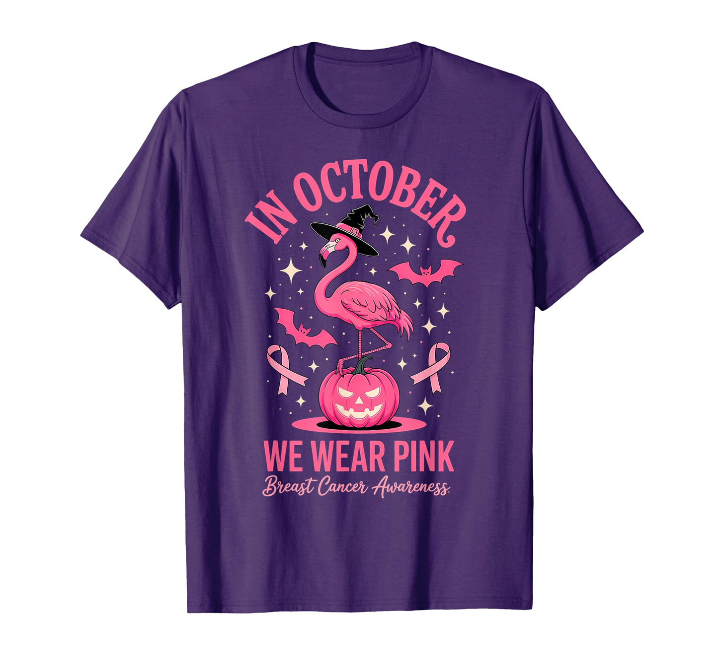 in October We Wear Pink Flamingo Halloween T-Shirt