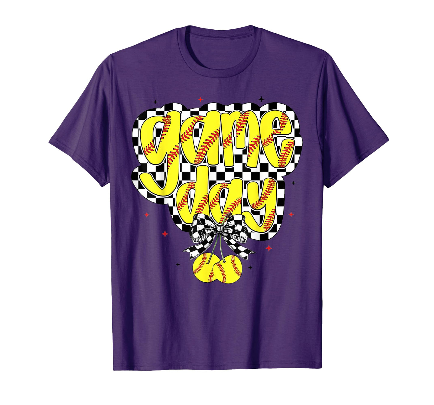 Retro Softball Game Day Cherries Coquette Bow Checkered T-Shirt