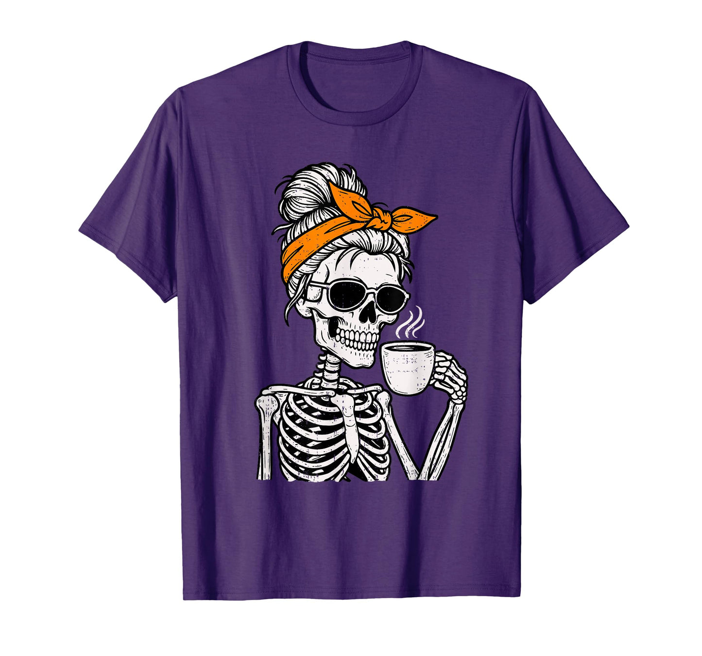 Skeleton Messy Bun Drinking Coffee Halloween Costume Womens T-Shirt