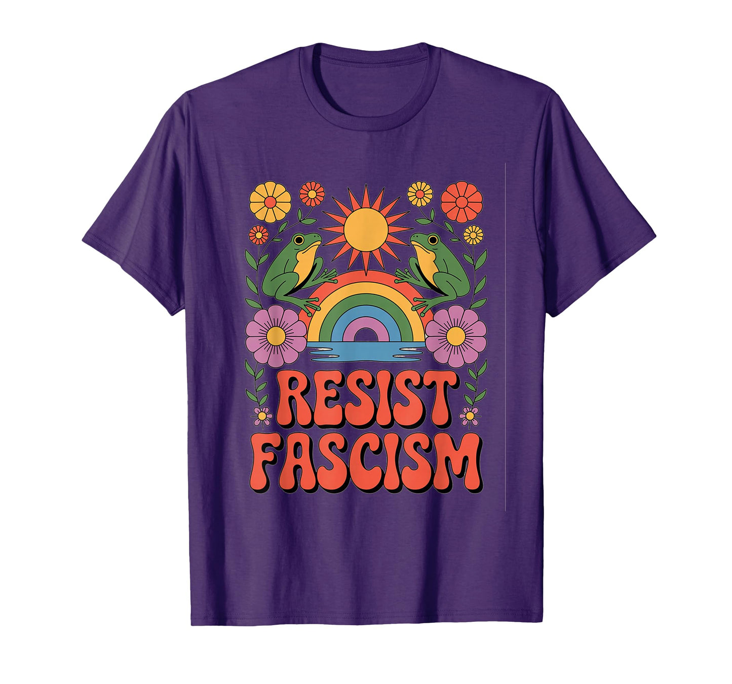 Frog Resist Fascism Retro Groovy Rainbow No Kings Hippie T-Shirt