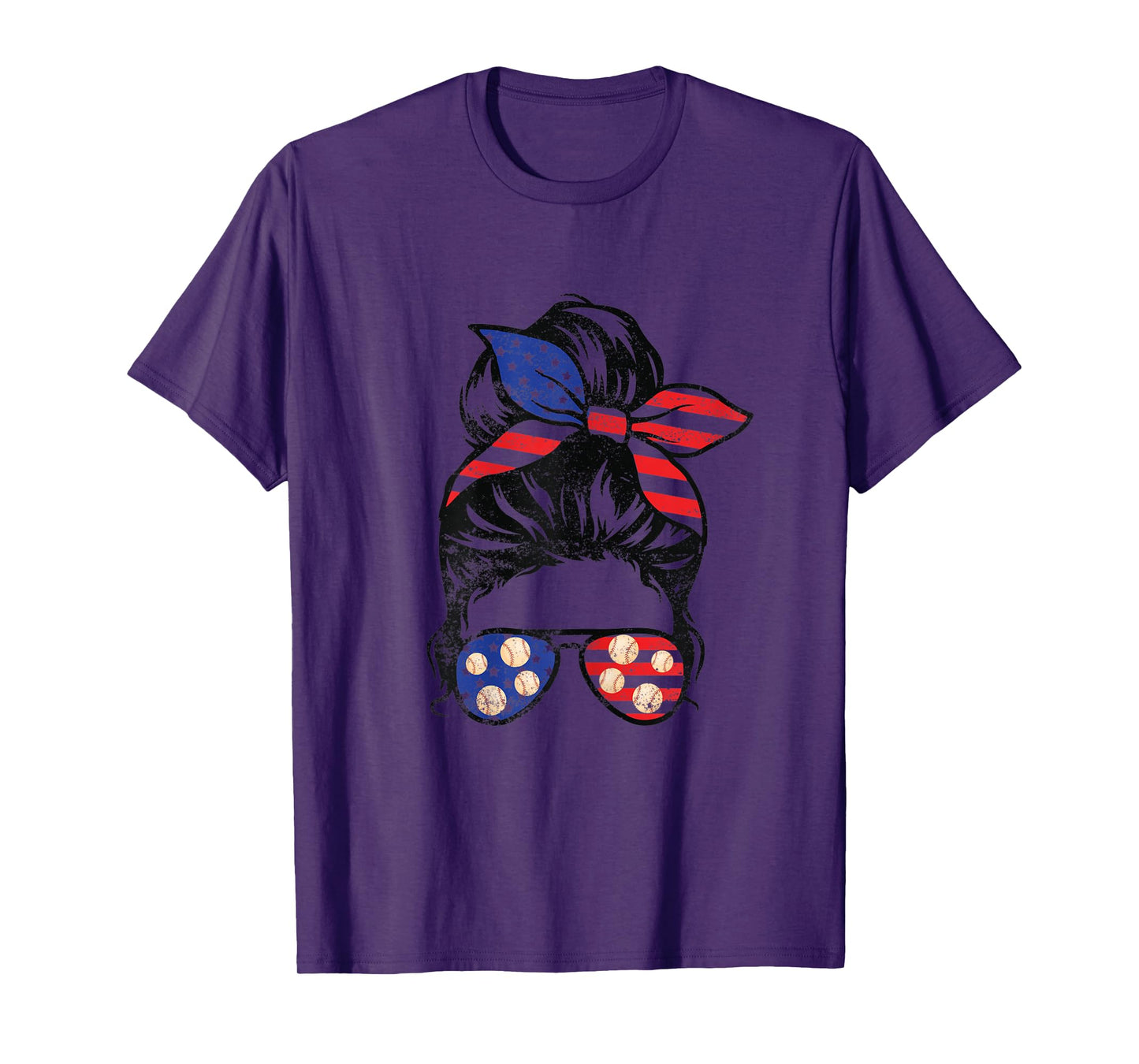 Womens American Flag Baseball Messy Bun Vintage Patriotic 4th July T-Shirt