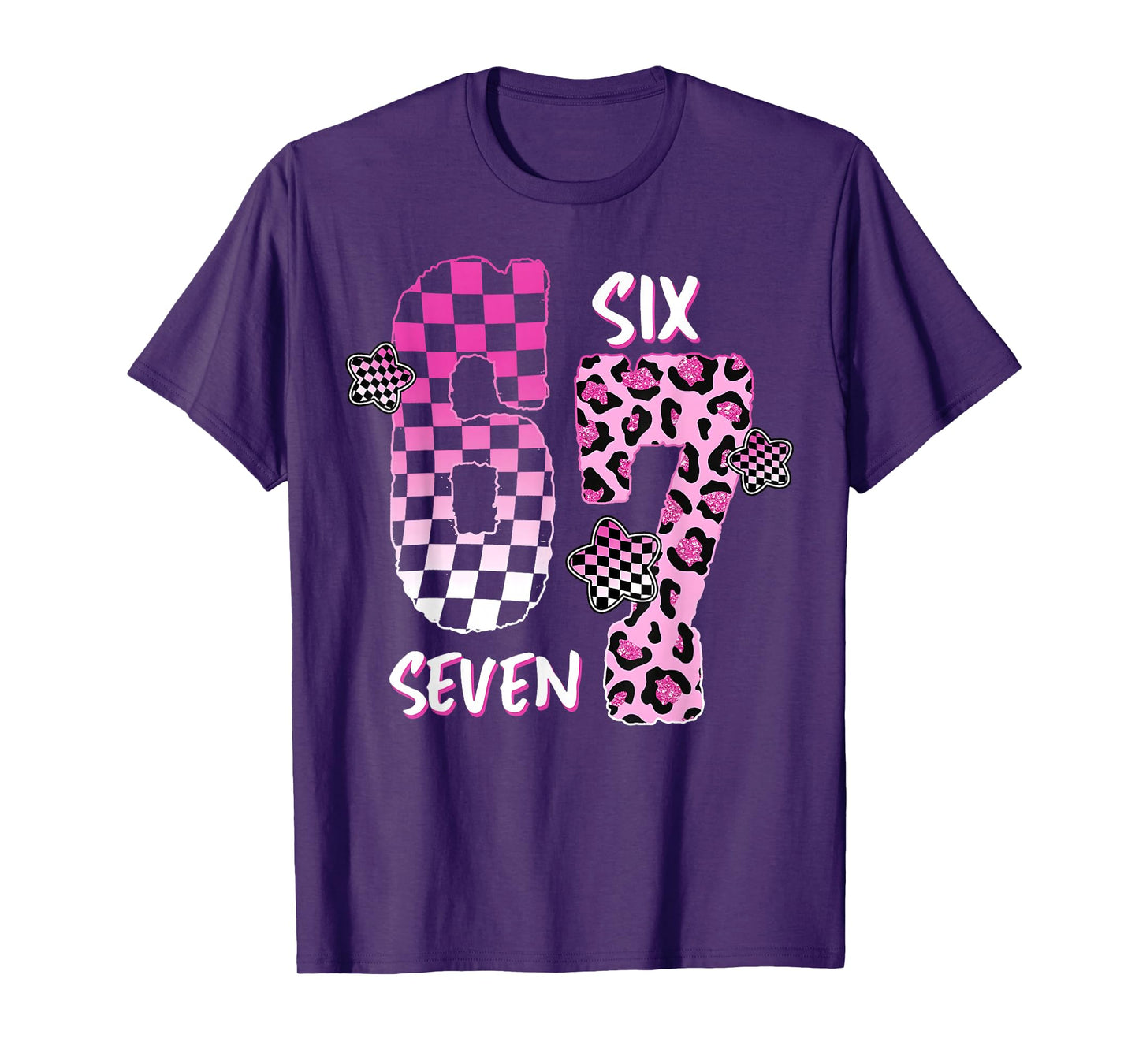 Pink Checker Leopard 6 7 Funny Six Seven Meme Girl Women T-Shirt