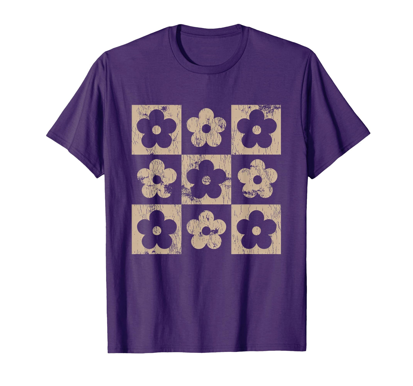 Neutral Checkerboard Daisy Flowers Retro Boho Floral Women T-Shirt