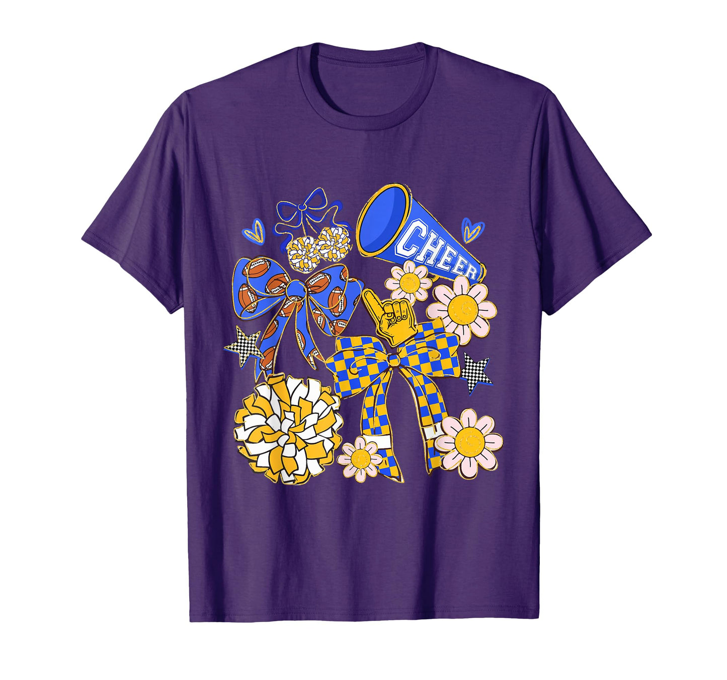 Coquette Bow Funny Football Blue Gold Cheer Mom Cheerleader T-Shirt