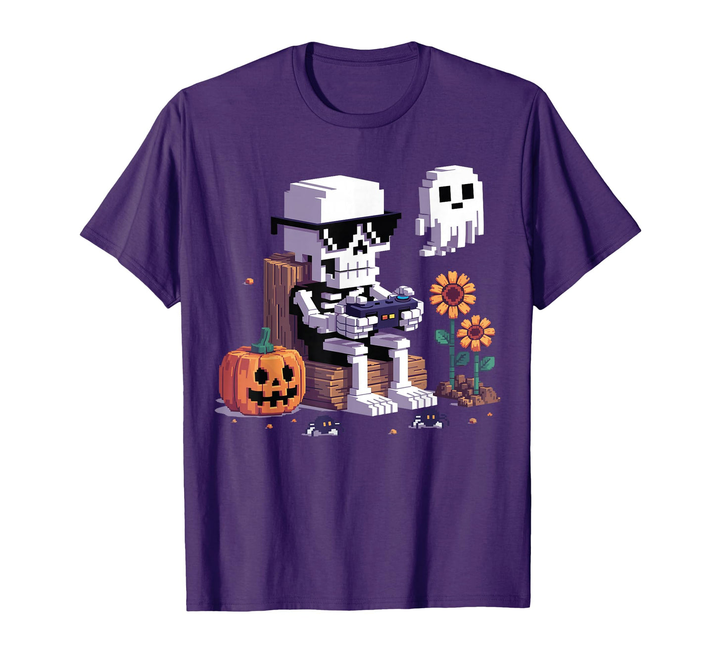 Funny Halloween Skeleton Gamer Pixel Video Gaming Boys Kids T-Shirt