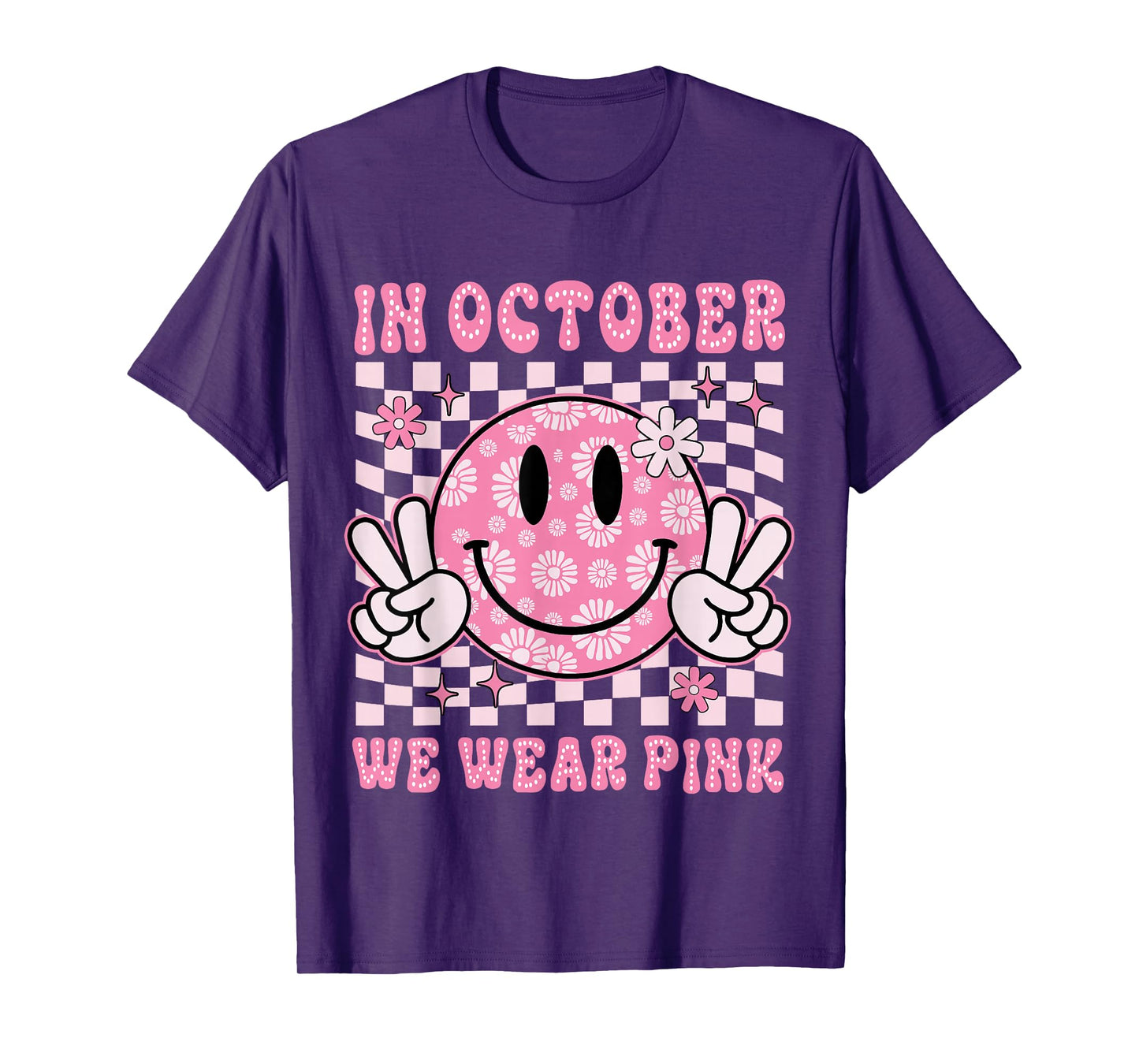 In October We Wear Pink Groovy Smile Face Breast Cancer T-Shirt