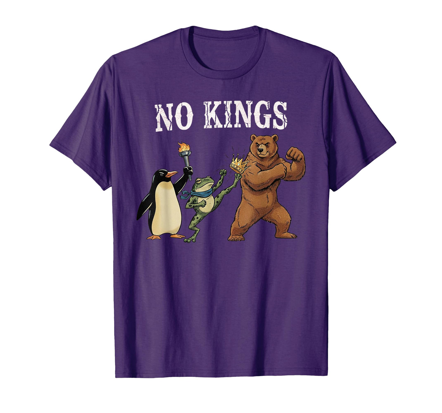 No Kings Penguin Frog Bear Protest Retro T-Shirt