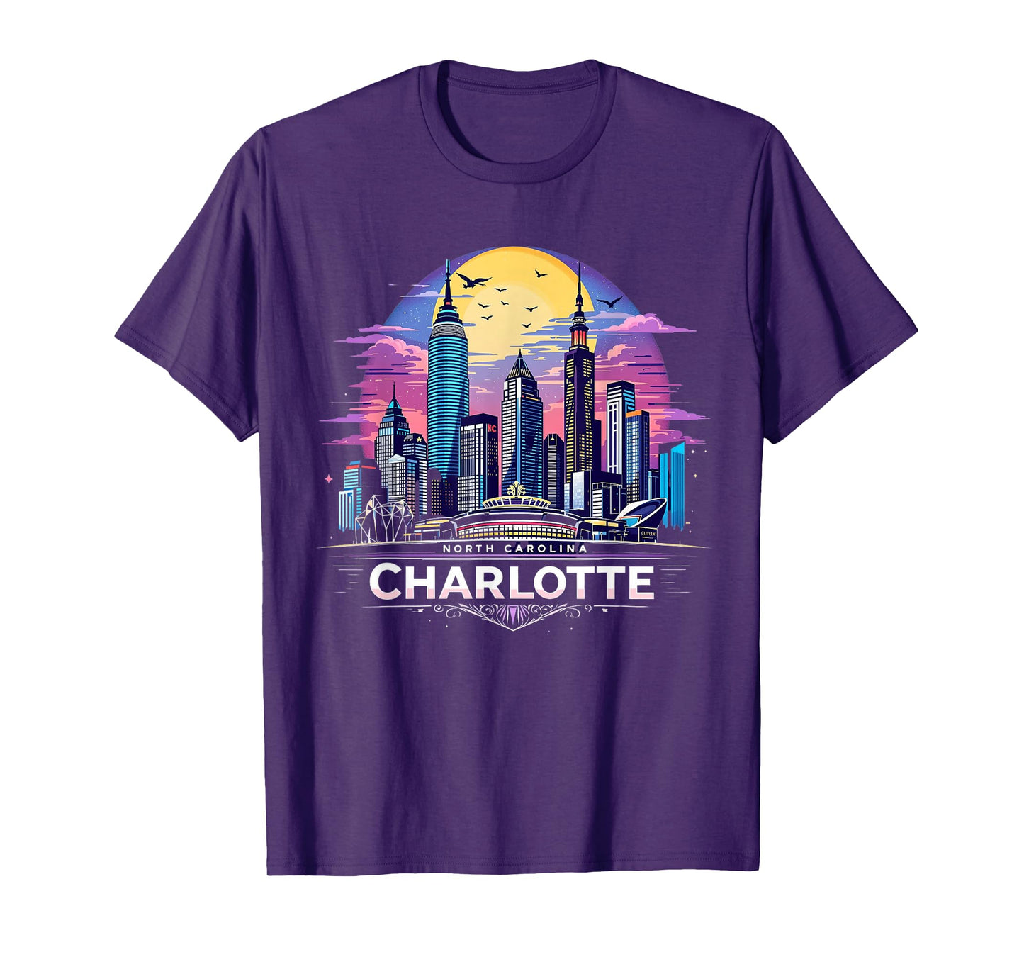 Vintage Charlotte North Carolina Sunset Skyline Cityscape T-Shirt
