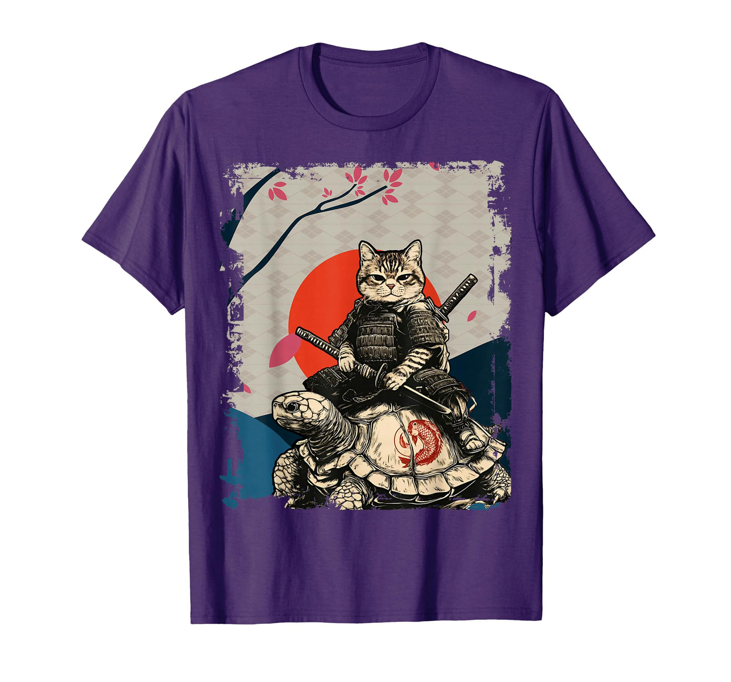 Japanese Ninja Art and Japan Samurai Cat on Turtle T-Shirt