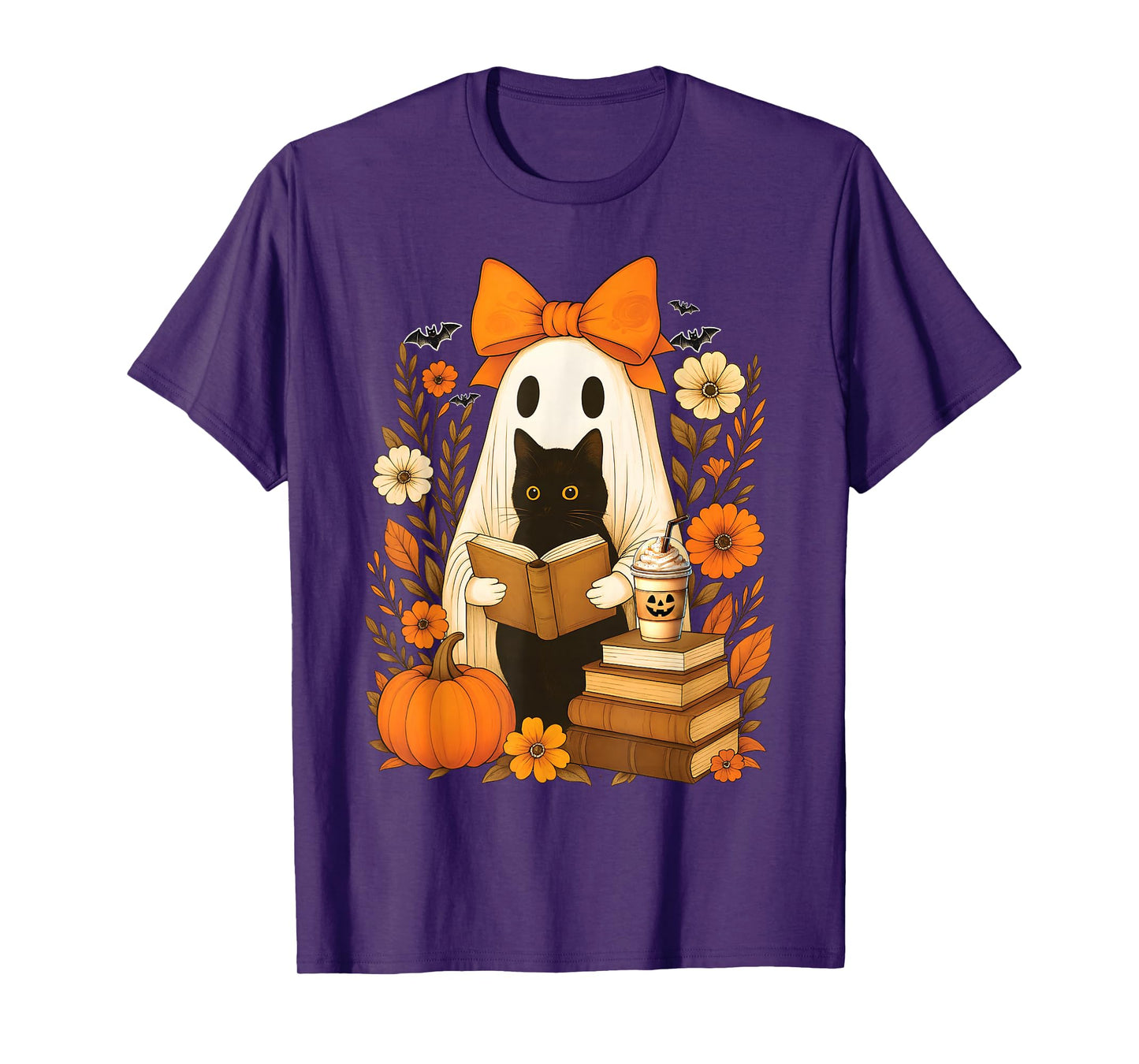 Groovy Floral Vintage Halloween Ghost Reading Book Cat Lover T-Shirt