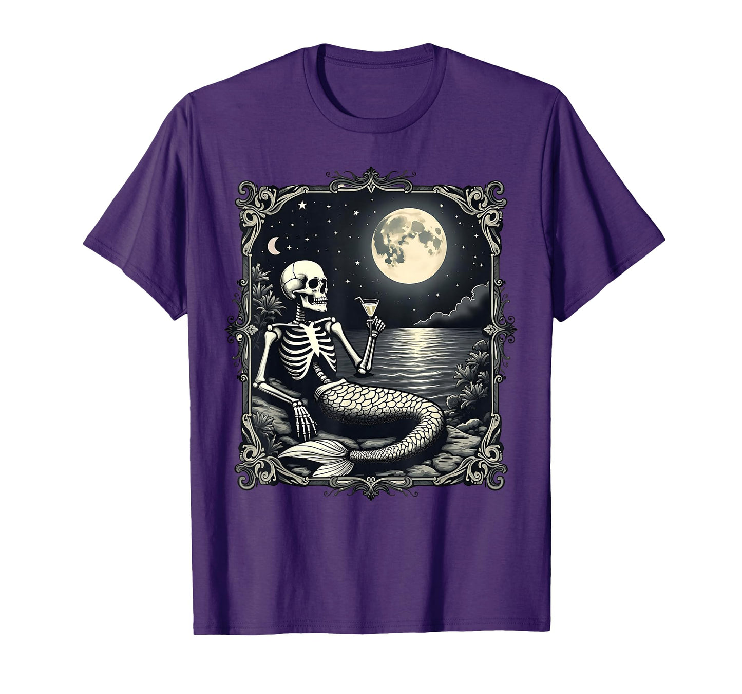 Funny Skeleton Mermaid at Full Moon Cool Mermaid Graphic T-Shirt