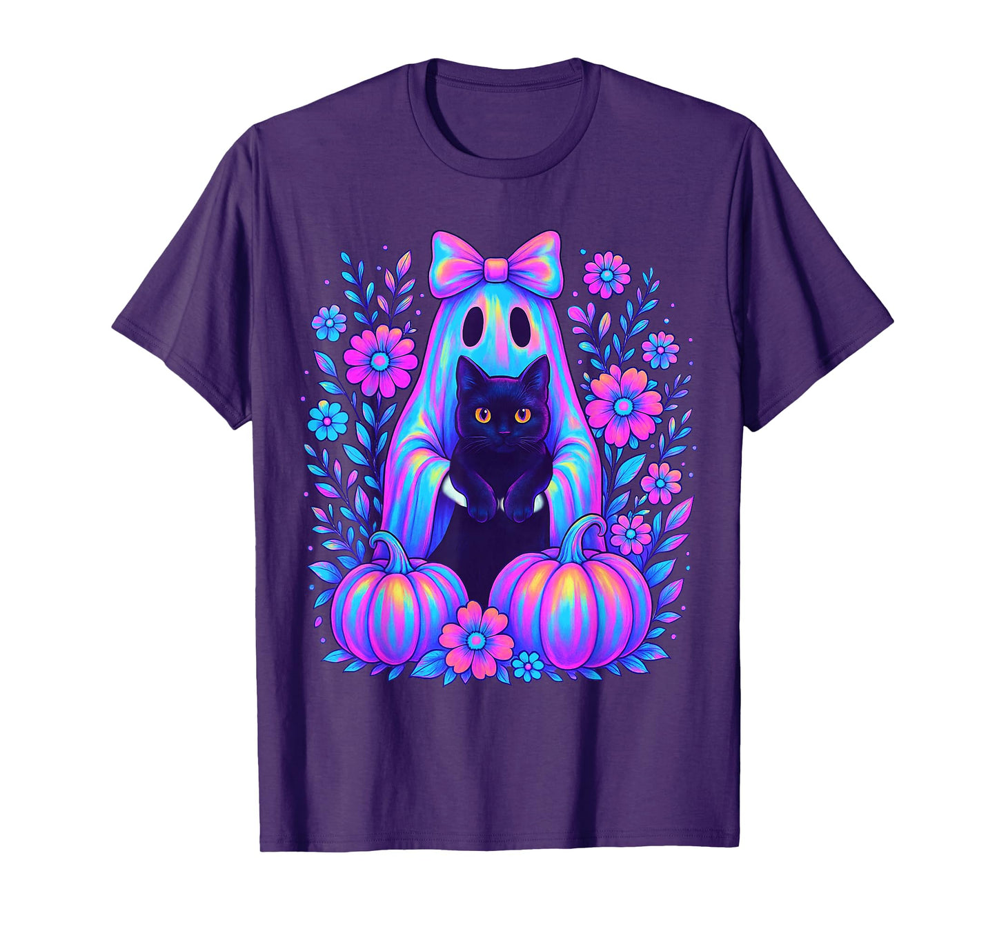 Colorful Halloween Ghost Holding Black Cat Bow Spooky Women T-Shirt