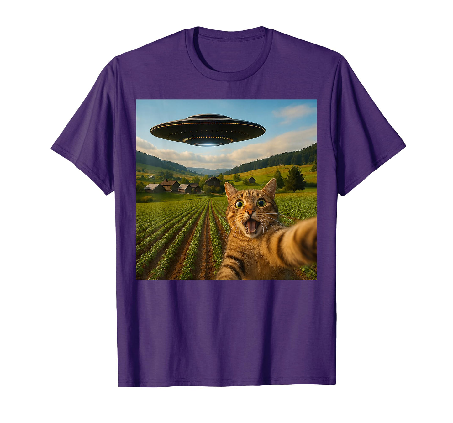 Funny Cat Selfie with Alien UFO for Men Women Kid T-Shirt