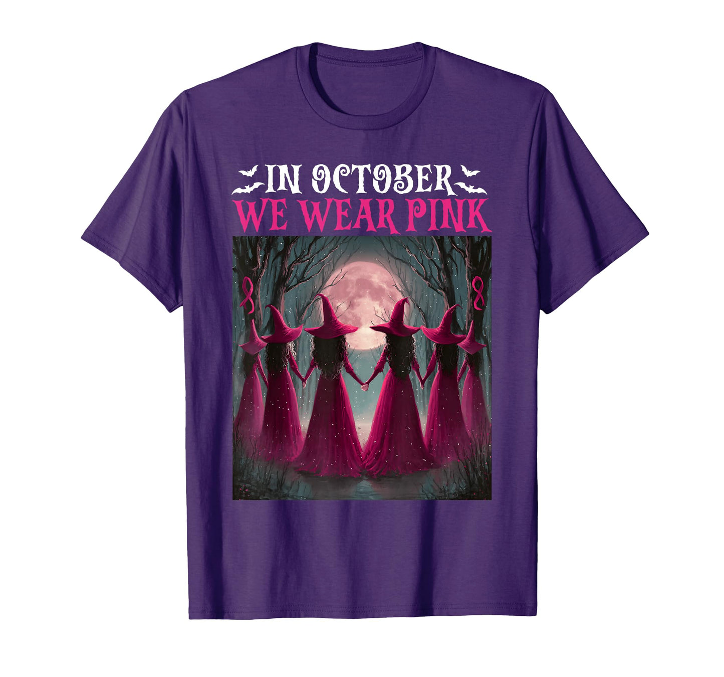 in October We Wear Pink Witch Women Halloween Breast Cancer T-Shirt