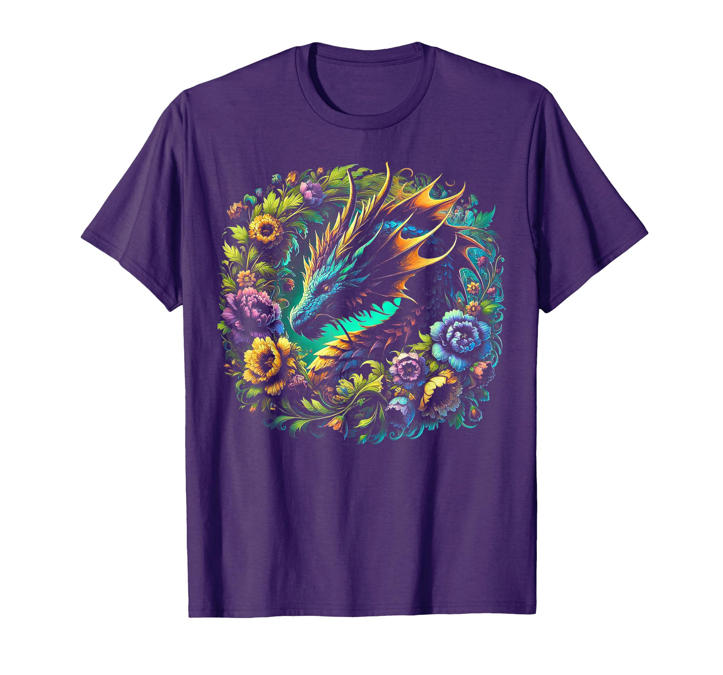 Watercolor Dragon Flowers Beautiful Art Colorful Graphic T-Shirt