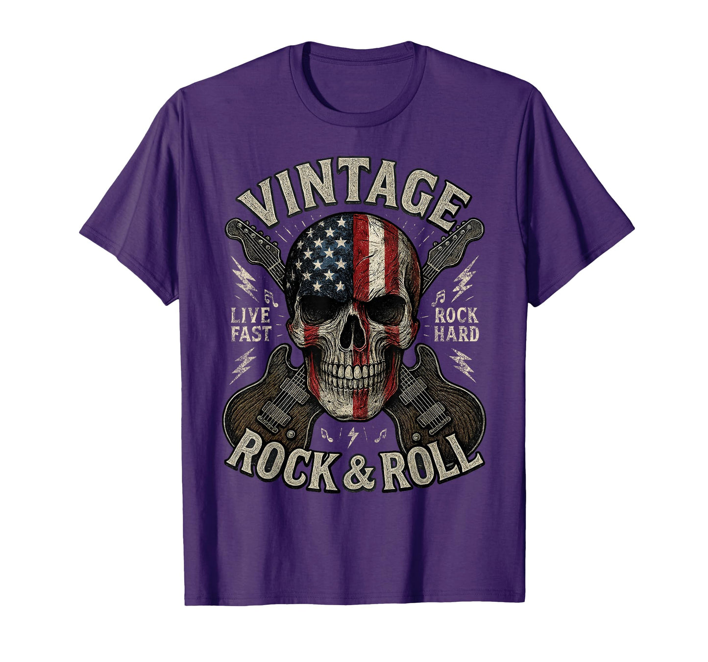 Vintage Rock Skull American Flag Guitar Retro Rock and Roll T-Shirt