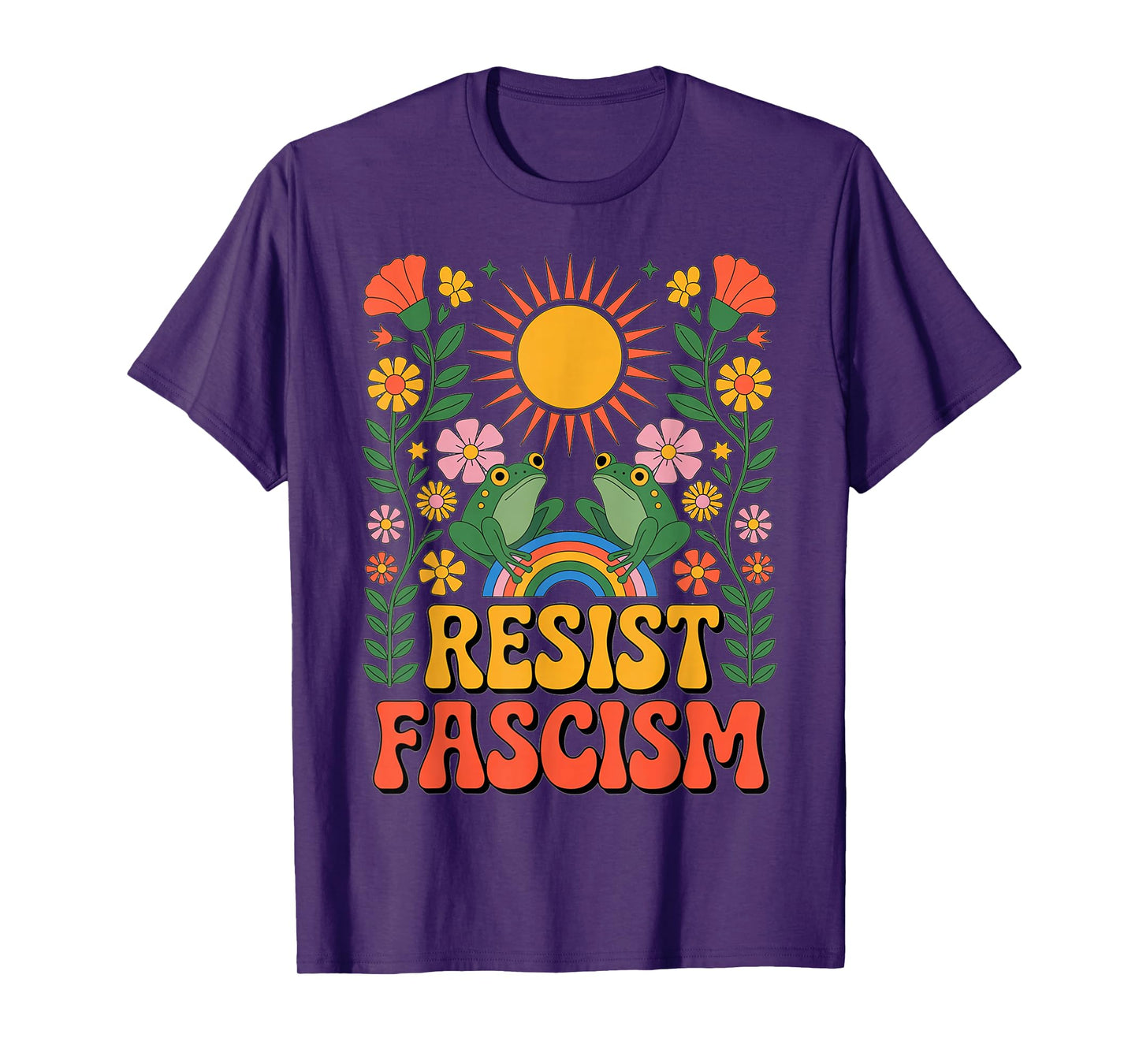 Frog Resist Fascism Retro Groovy Rainbow No Kings Hippie T-Shirt