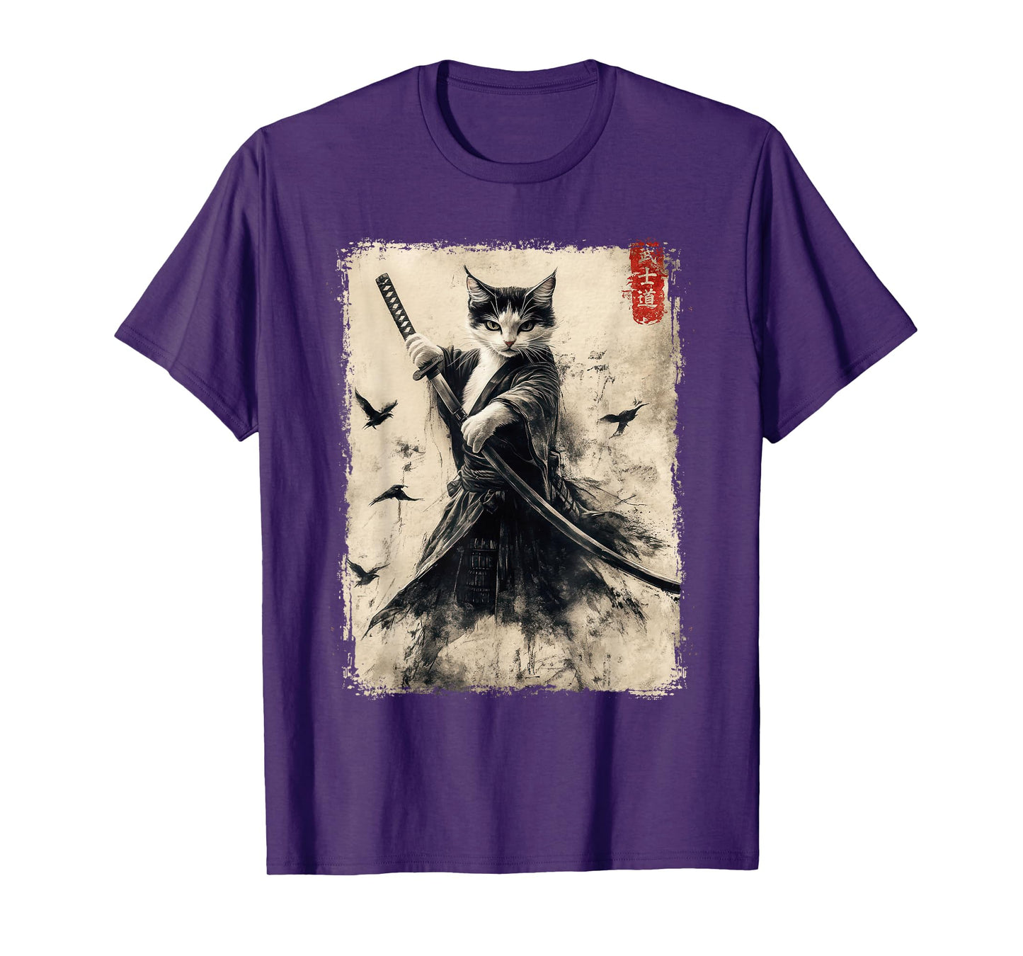 Samurai Cat Graphic Tee Warrior Vintage Japanese Art Anime T-Shirt
