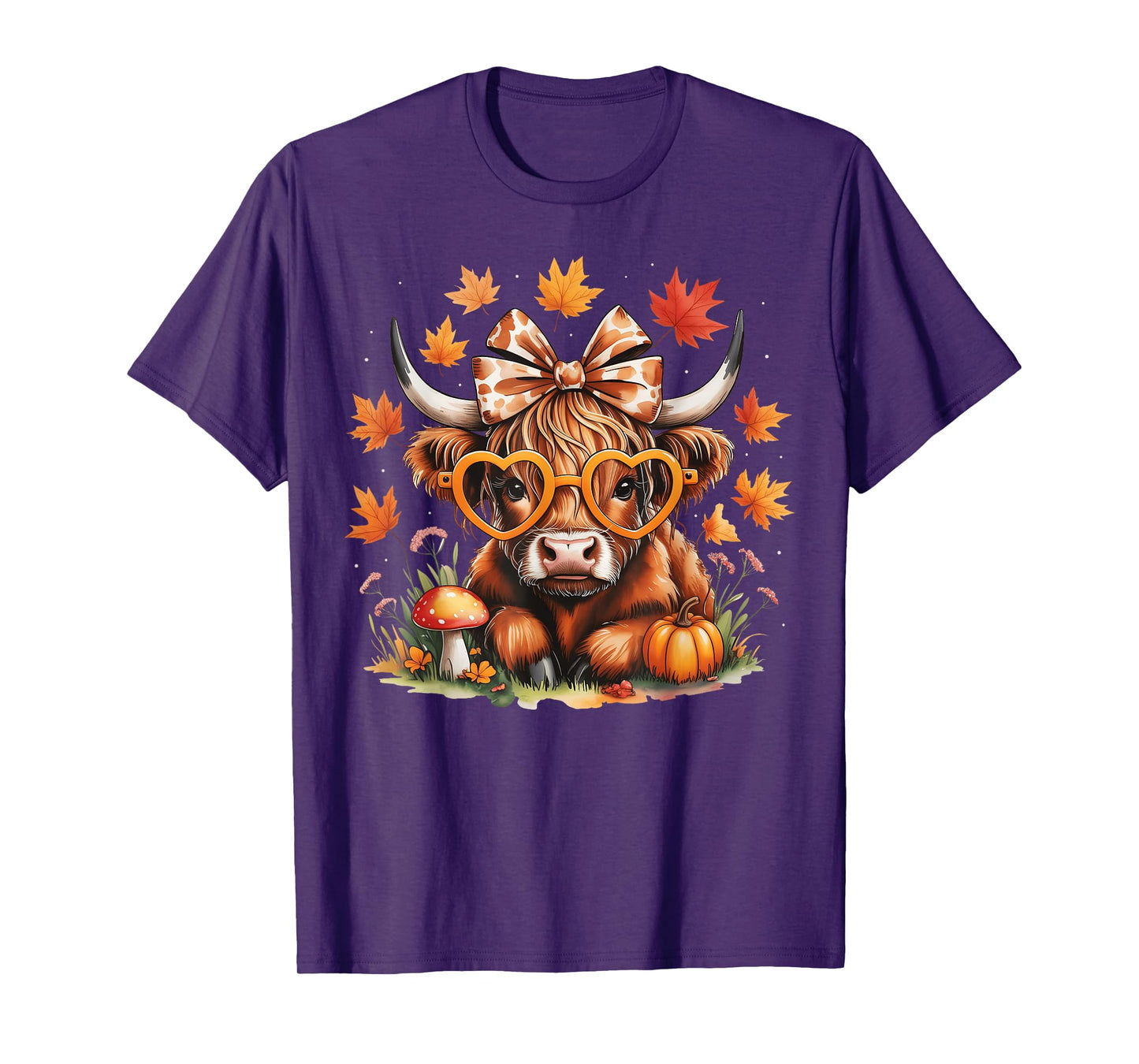 Fall Highland Cow Pumpkin Bow ThanksGiving Fall Girl Women T-Shirt