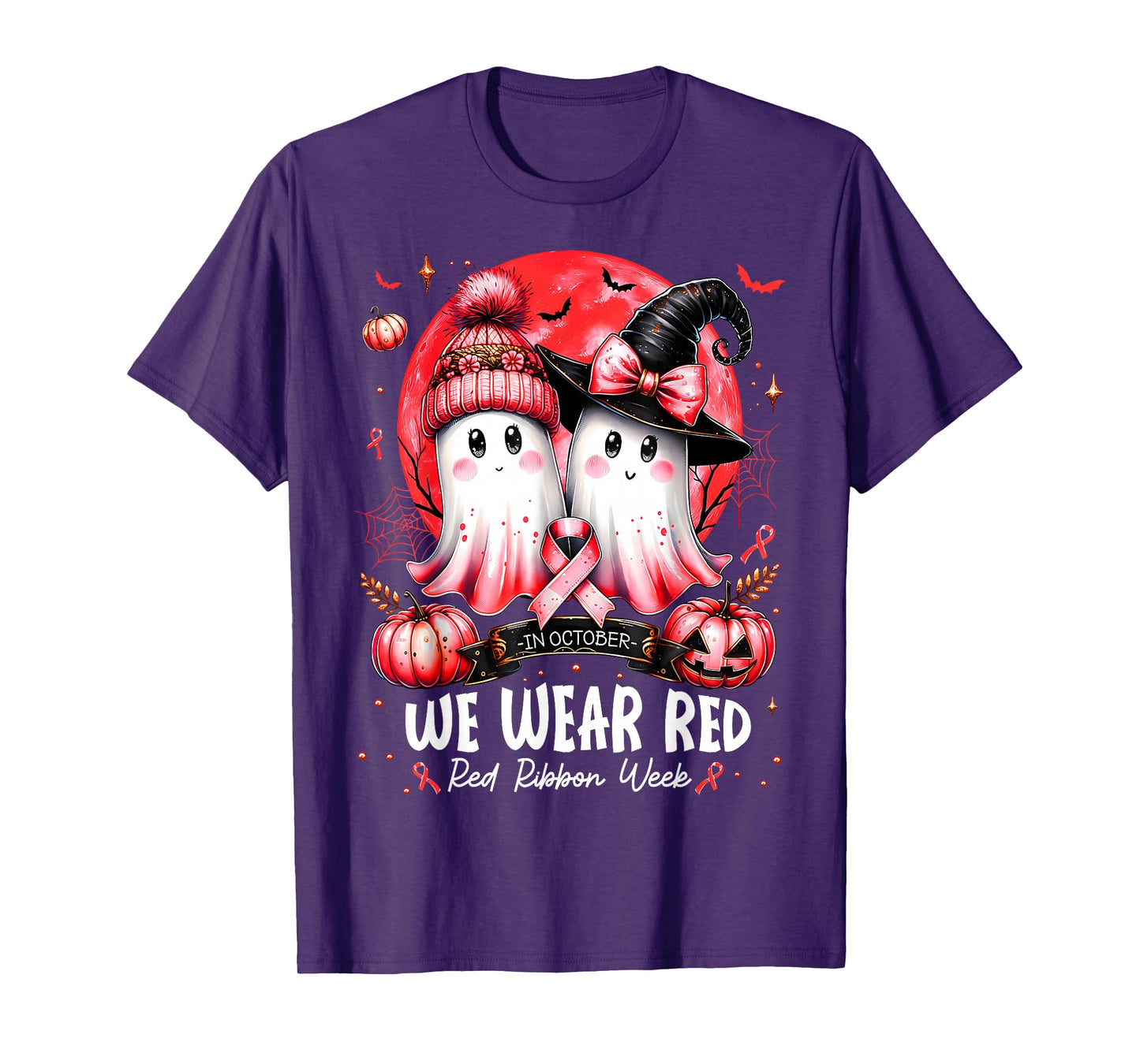 in October We Wear Red Ghost Witch Red Ribbon Week Halloween T-Shirt