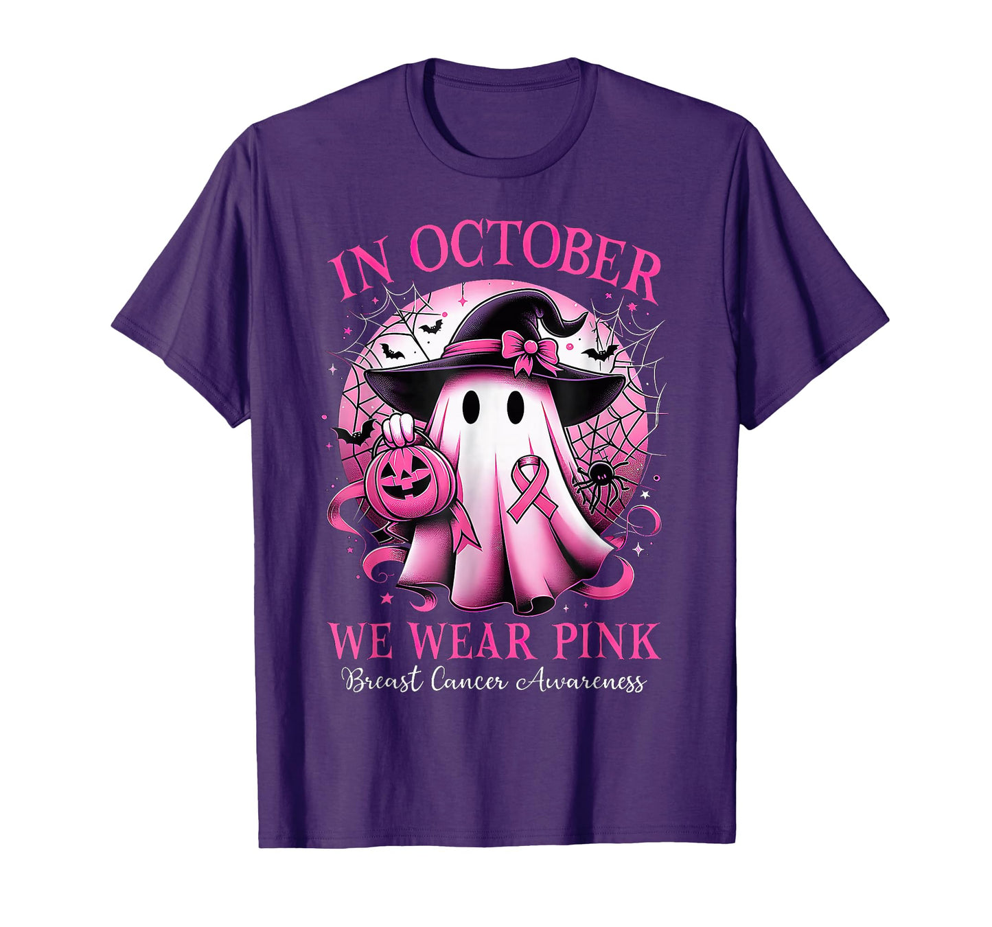 In October We Wear Pink Witch Ghost Breast Cancer Awareness T-Shirt