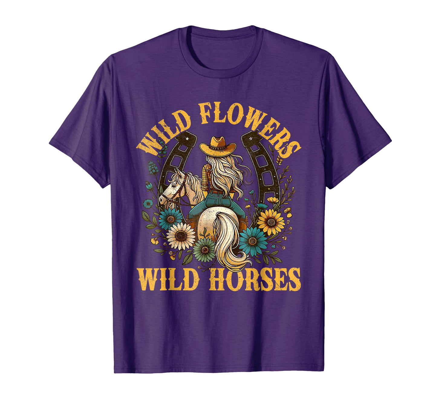 Retro Southern Sunset Cowgirl Wild Flowers Wild Horses T-Shirt
