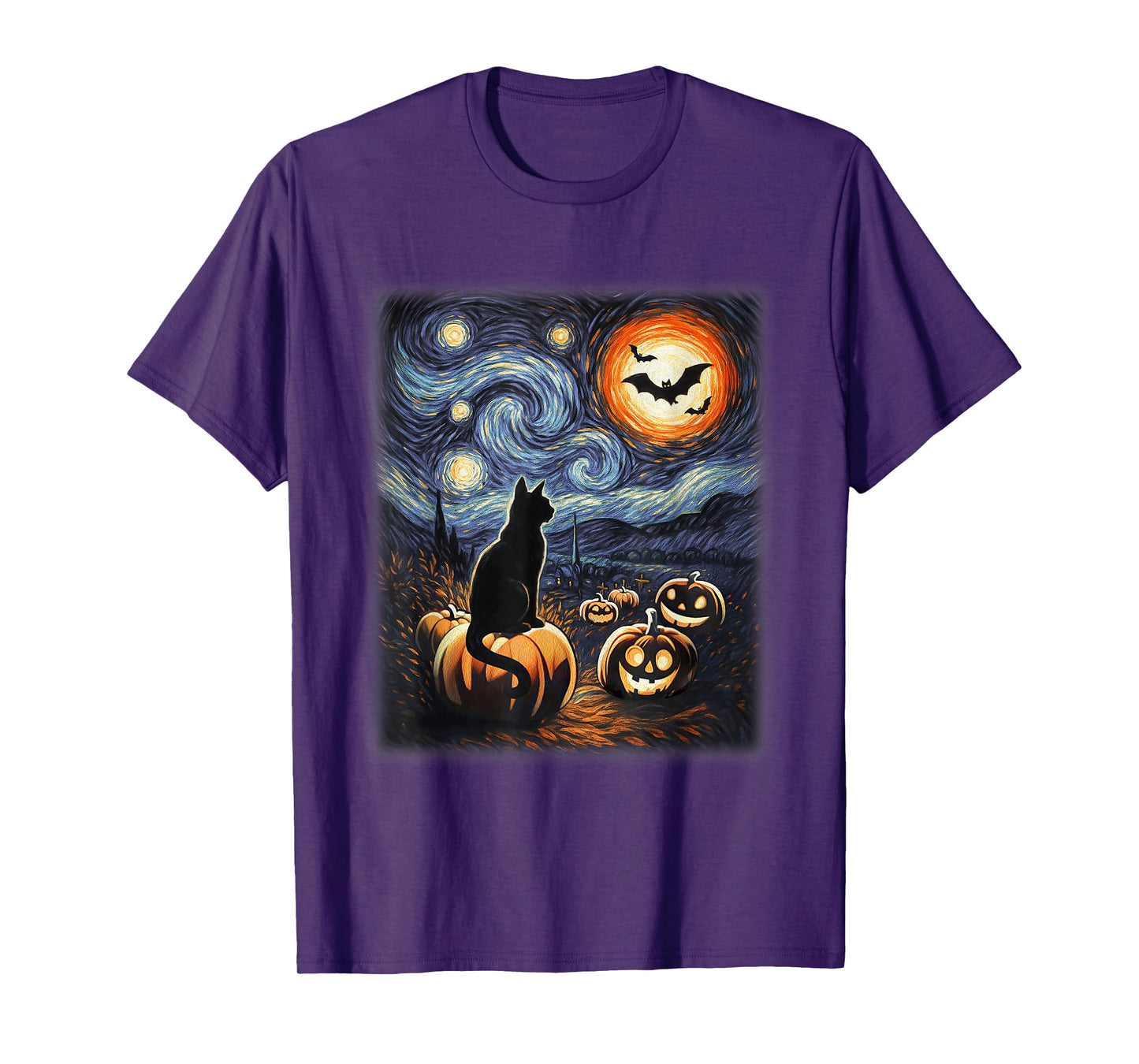 Halloween Black Cat Van Gogh Starry Night Lovers Cats T-Shirt