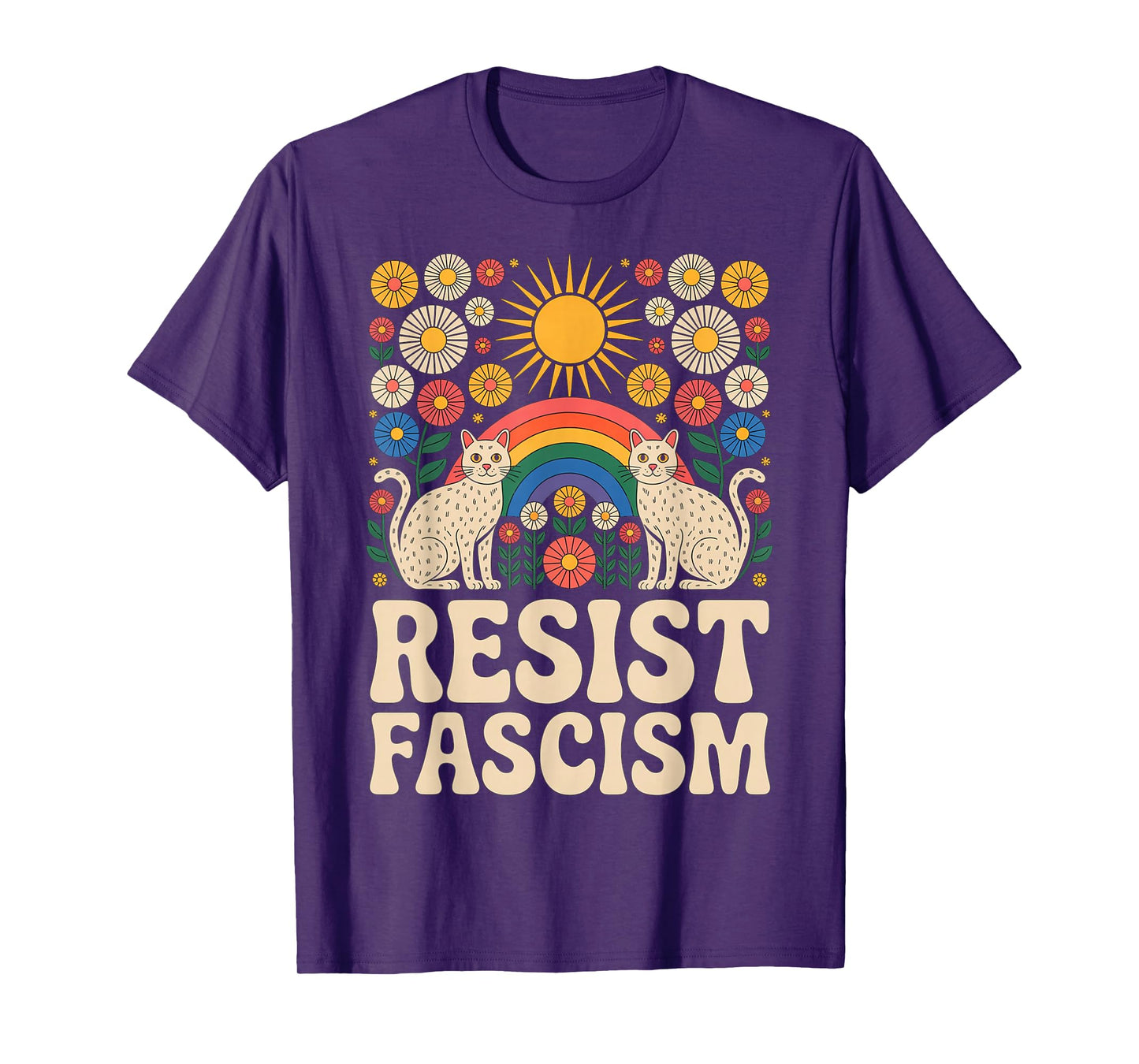 Cats Resist Fascism Retro Groovy Rainbow No Kings Hippie T-Shirt