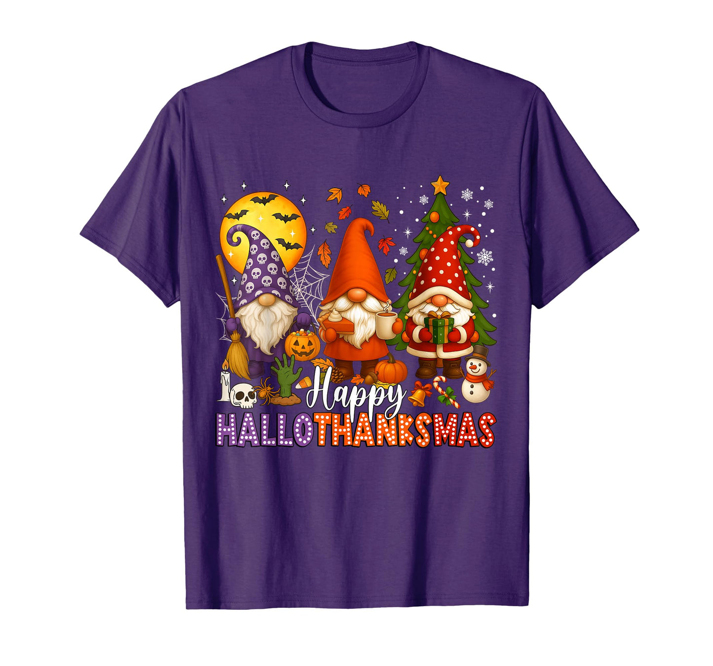 Happy HalloThanksMas Gnomes Halloween Thanksgiving Christmas T-Shirt