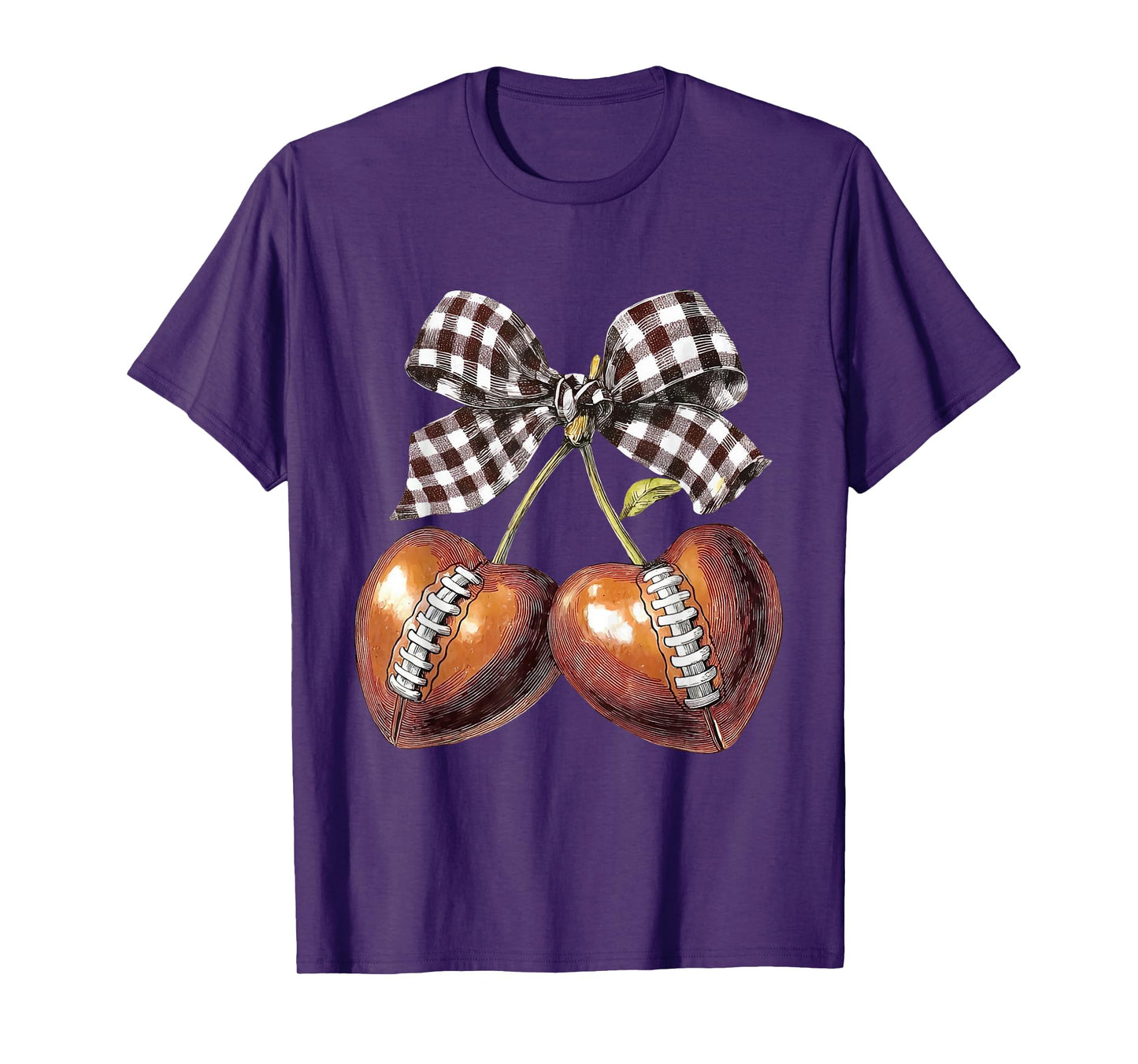 Retro Checkered Funny Cherry Football Game Day Coquette Bow T-Shirt