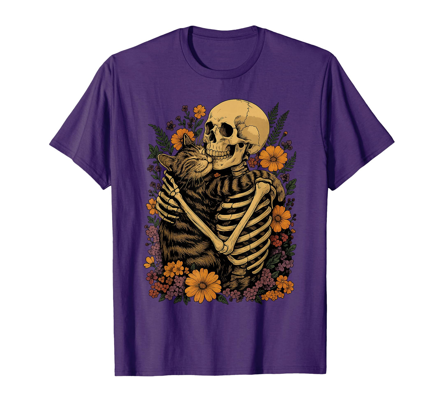Skeleton Hugging Cat Floral Halloween Cats Lover T-Shirt T-Shirt