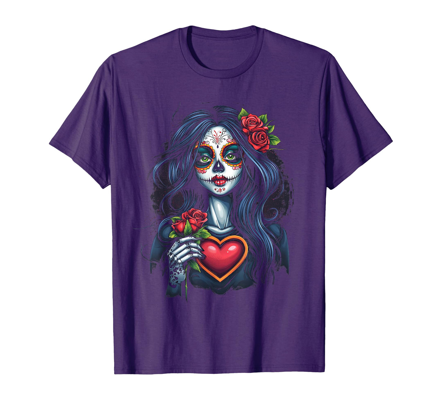 Floral Mexican Day of the Dead Dia De Muertos Heart Women T-Shirt
