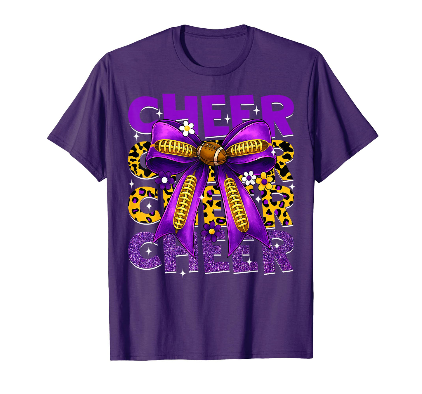 Coquette Cheer Bow Cheerleader Team Sport Purple Leopard T-Shirt